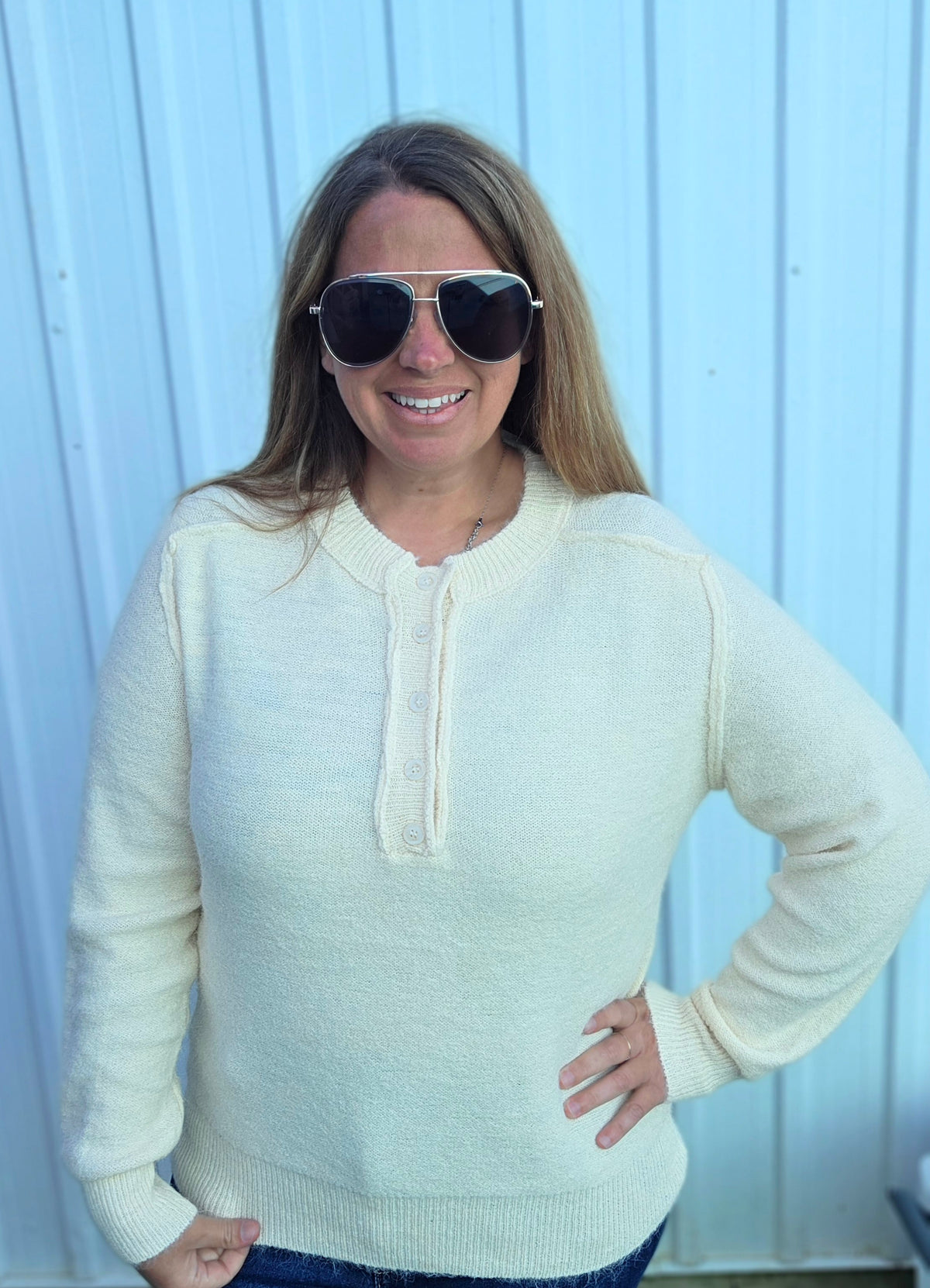 IVORY Half Buttons, Raglan Sleeve, Pullover Sweater