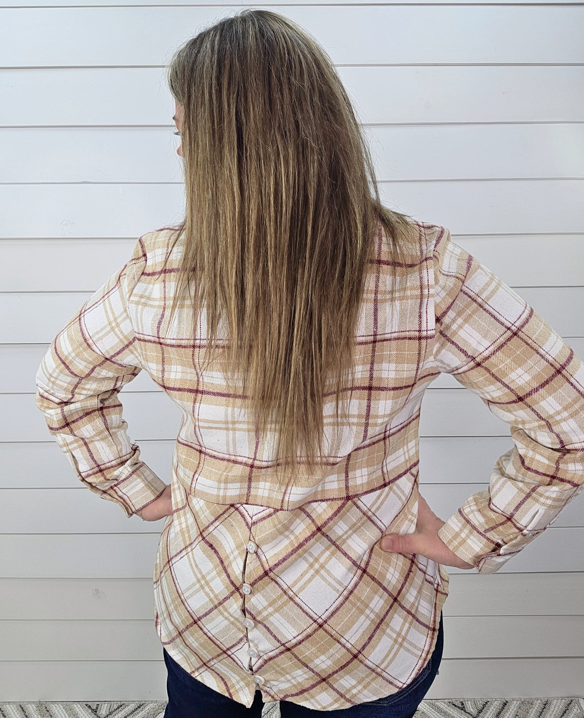 KAREN HART TAUPE/BURGUNDY FLANNEL PLAID BUTTON DOWN