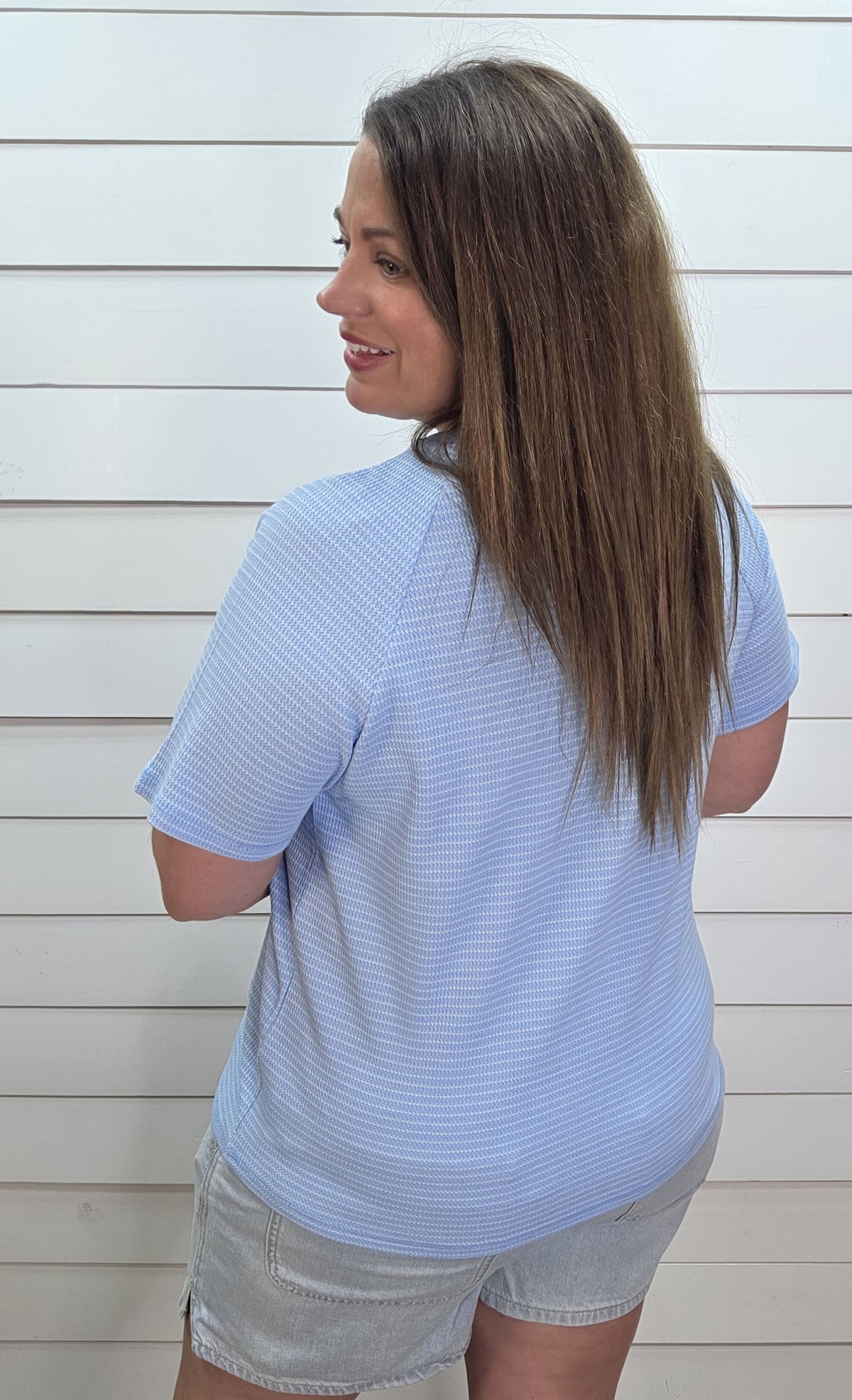 BABY BLUE STRIPED TEXTURED KNIT TOP