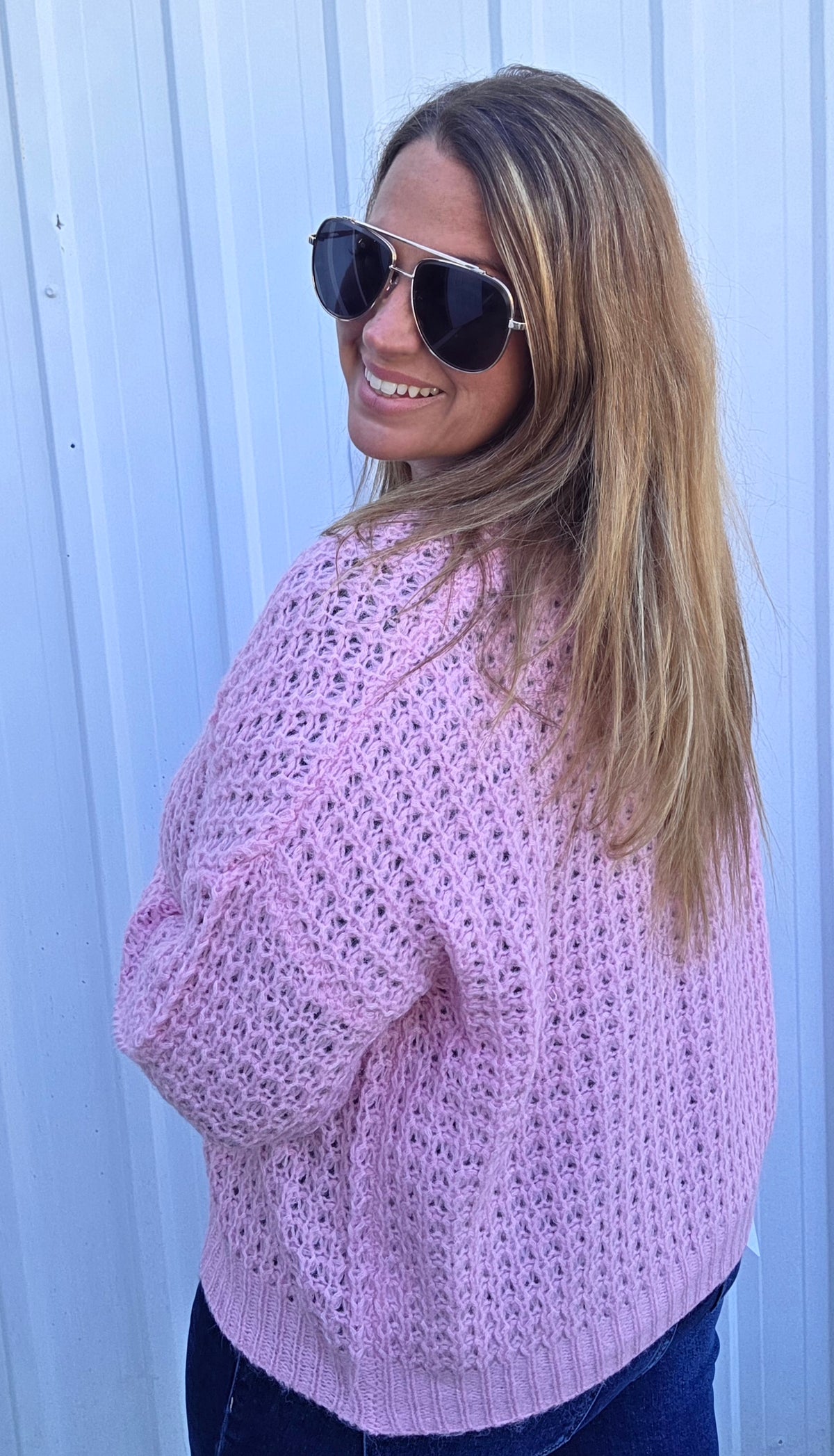 Pink Open Front, Long Sleeve, Open Weave Waffle Textured Cardigan