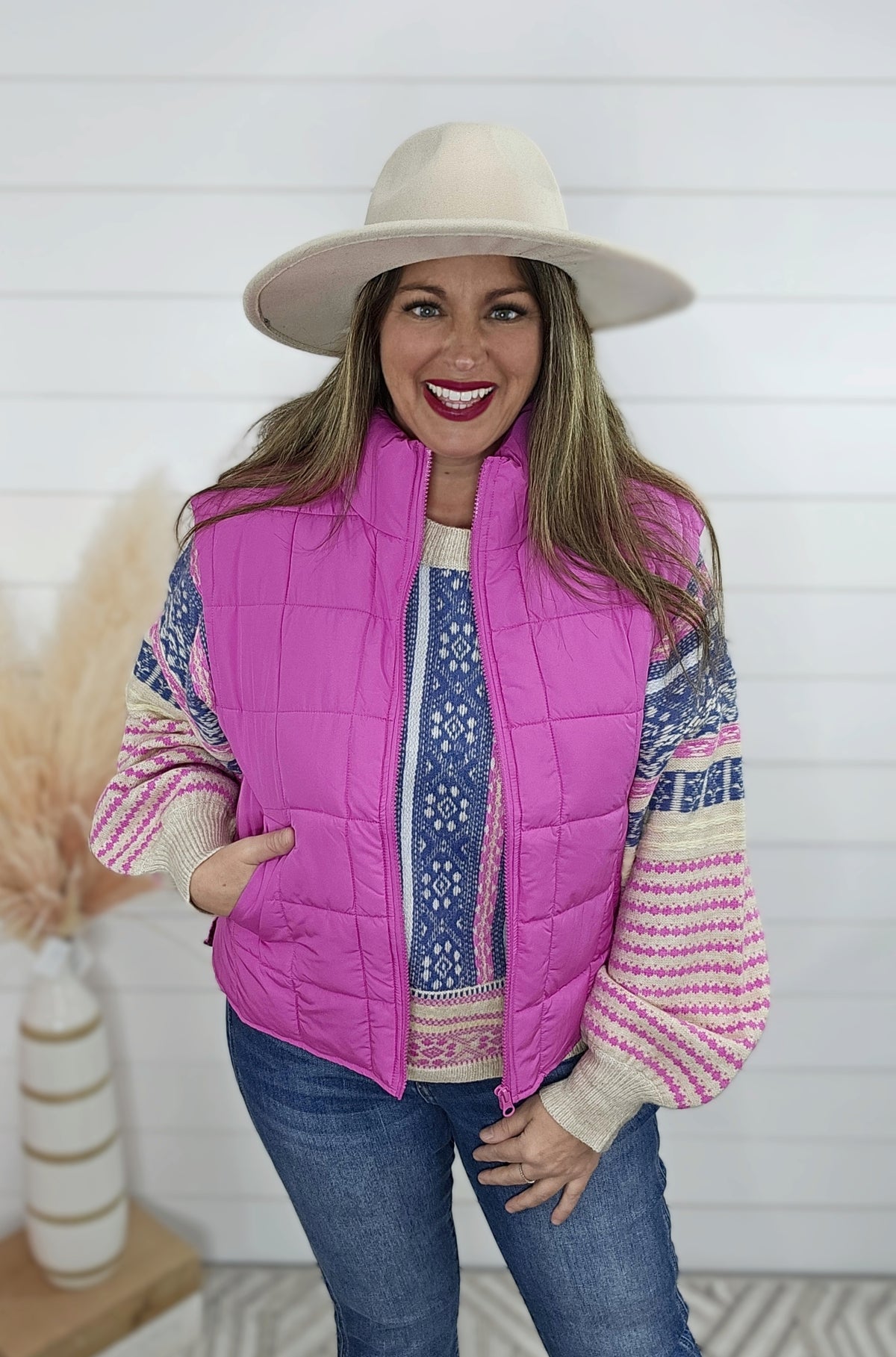 FUCHSIA ZIP UP PUFF VEST