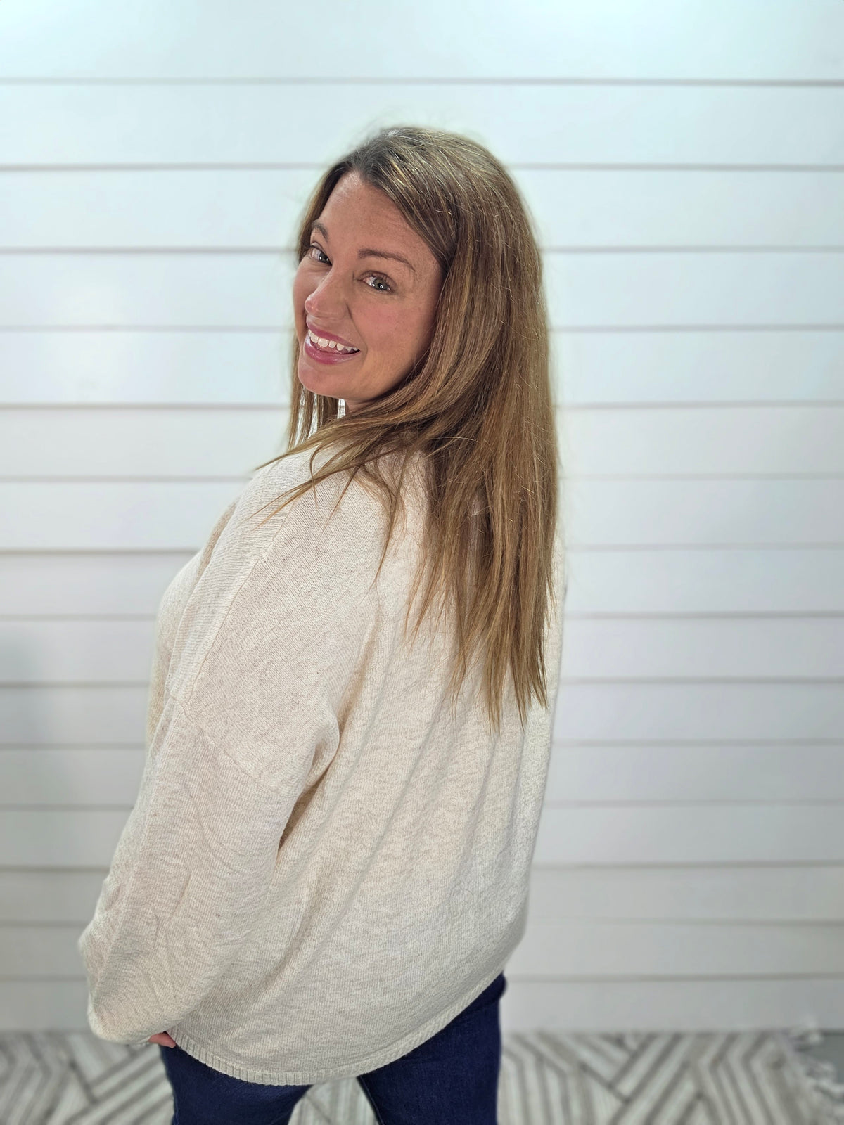 OATMEAL RAW ROLLED EDGE HENLEY RELAXED SWEATER