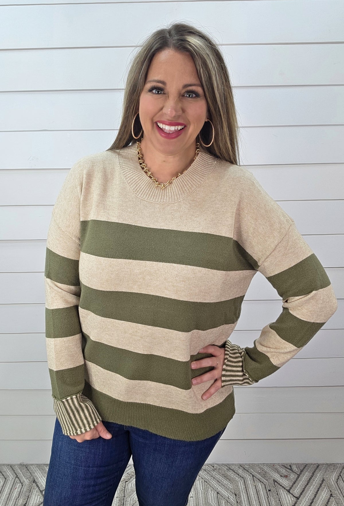 OLIVE/OATMEAL STRIPED CONTRAST KNIT SWEATER