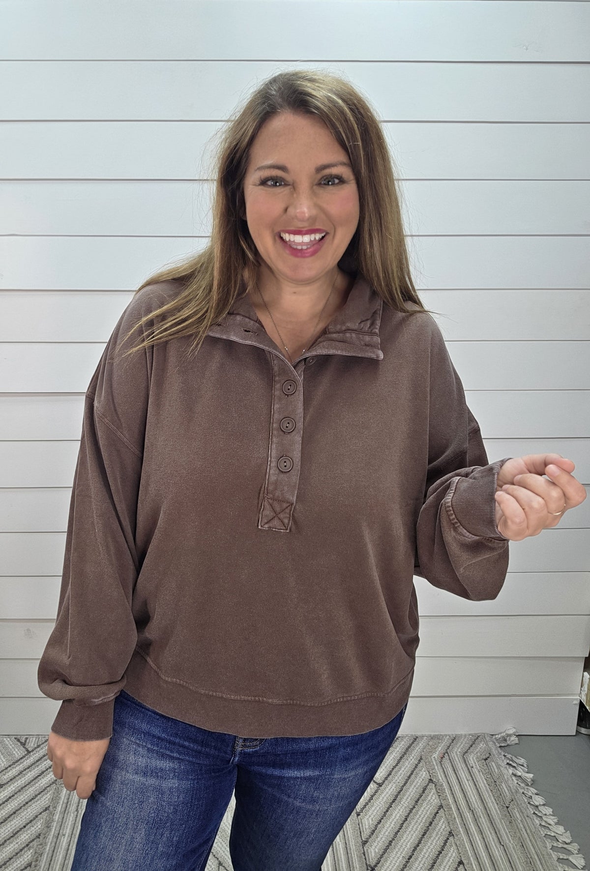 DARK BROWN ULTRA SOFT PULLOVER W/ HALF BUTTON NECKLINE