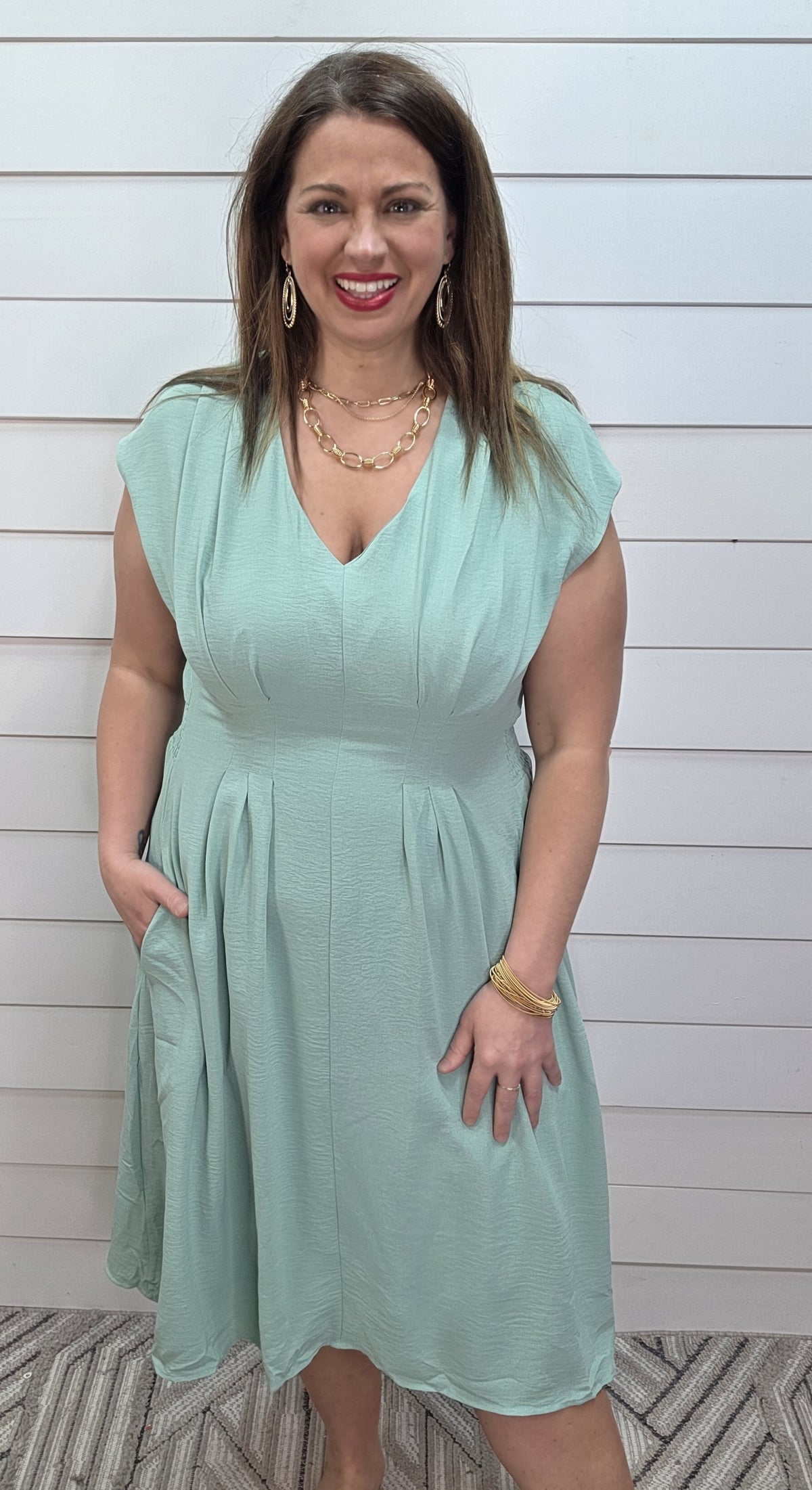 SAGE V NECK PLEATED ELASTIC WAIST DRESS