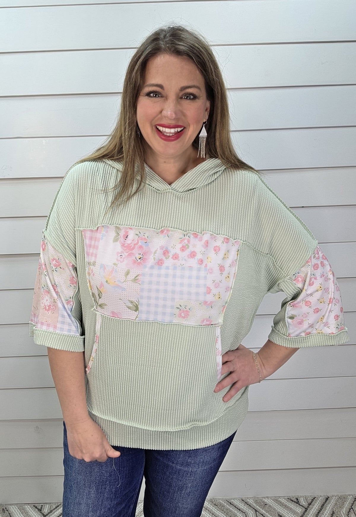 SAGE RAISED RIBBED HALF SLEECE FLORAL HOODIE