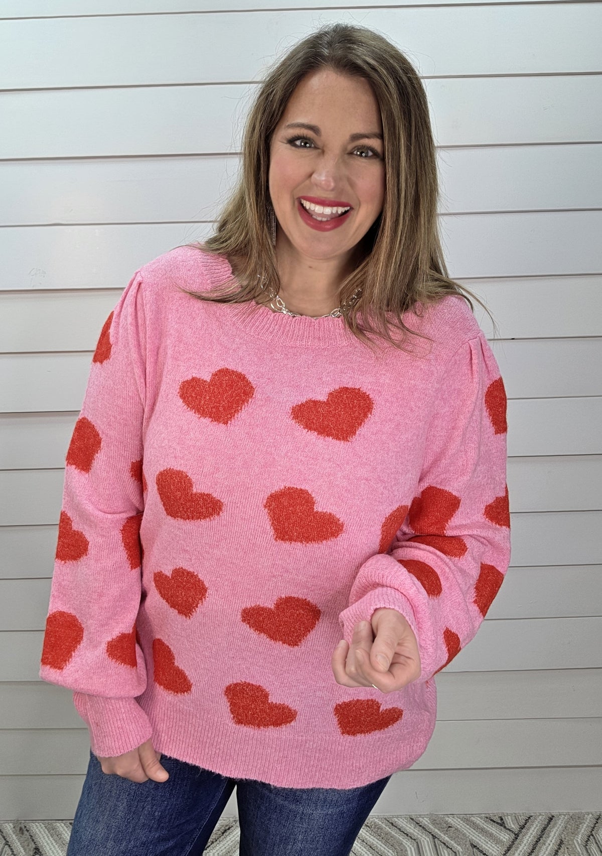 PINK/RED HEART SWEATER W/ SCALLOPED NECKLINE