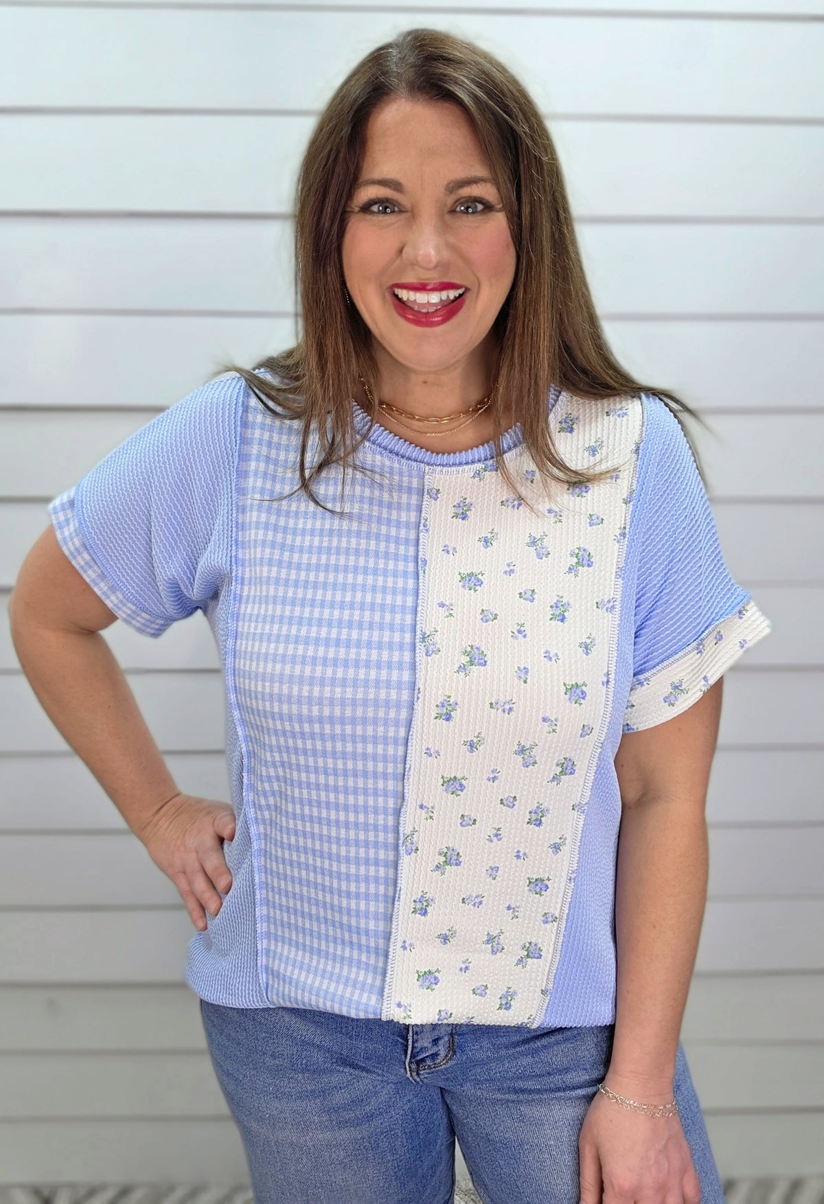 LT BLUE FLORAL/GINGHAM COLORBLOCK RASIED RIBBED KNIT TOP