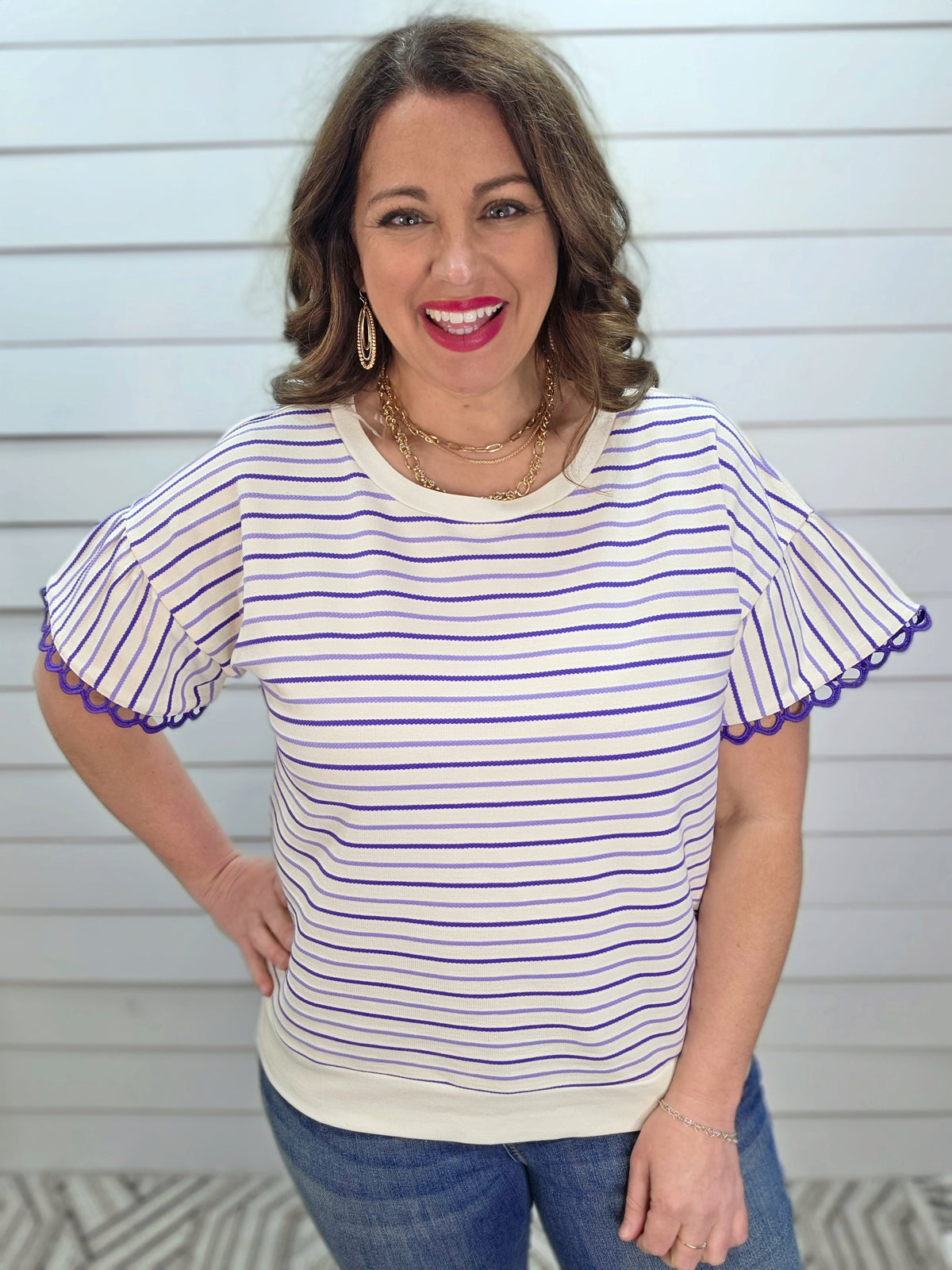 PURPLE/WHITE STRIPED KNIT TOP W/ RUFFLE SLEEVES