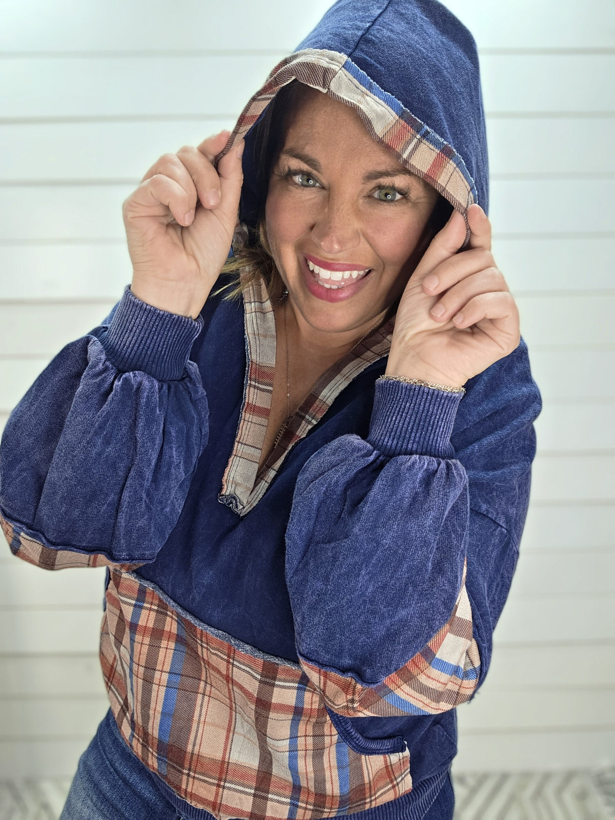Navy Mineral Wash Plaid Kangaroo Pocket Hoodie