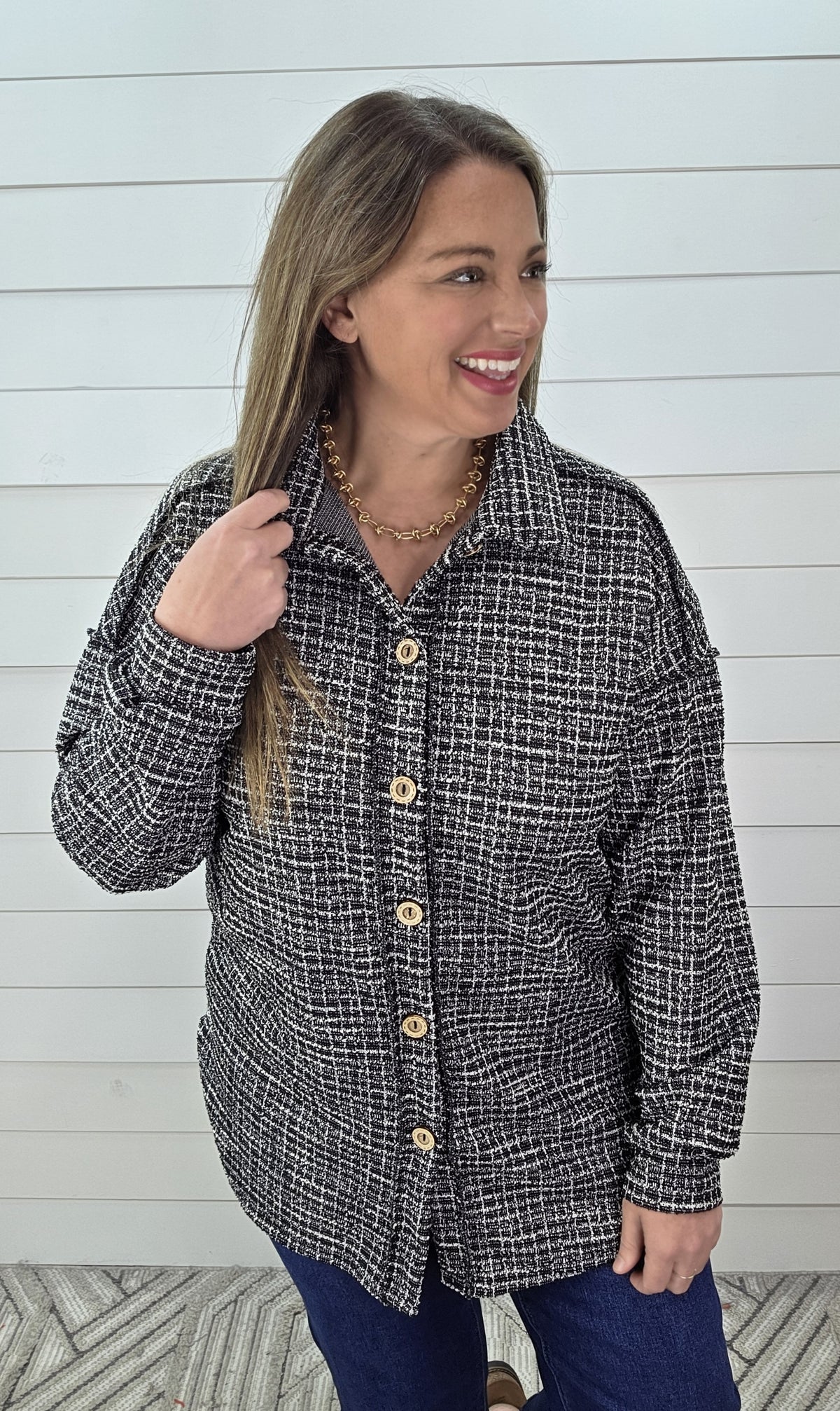 BLACK/CREAM GLITZ PLAID SOFT TWEED BUTTON DOWN