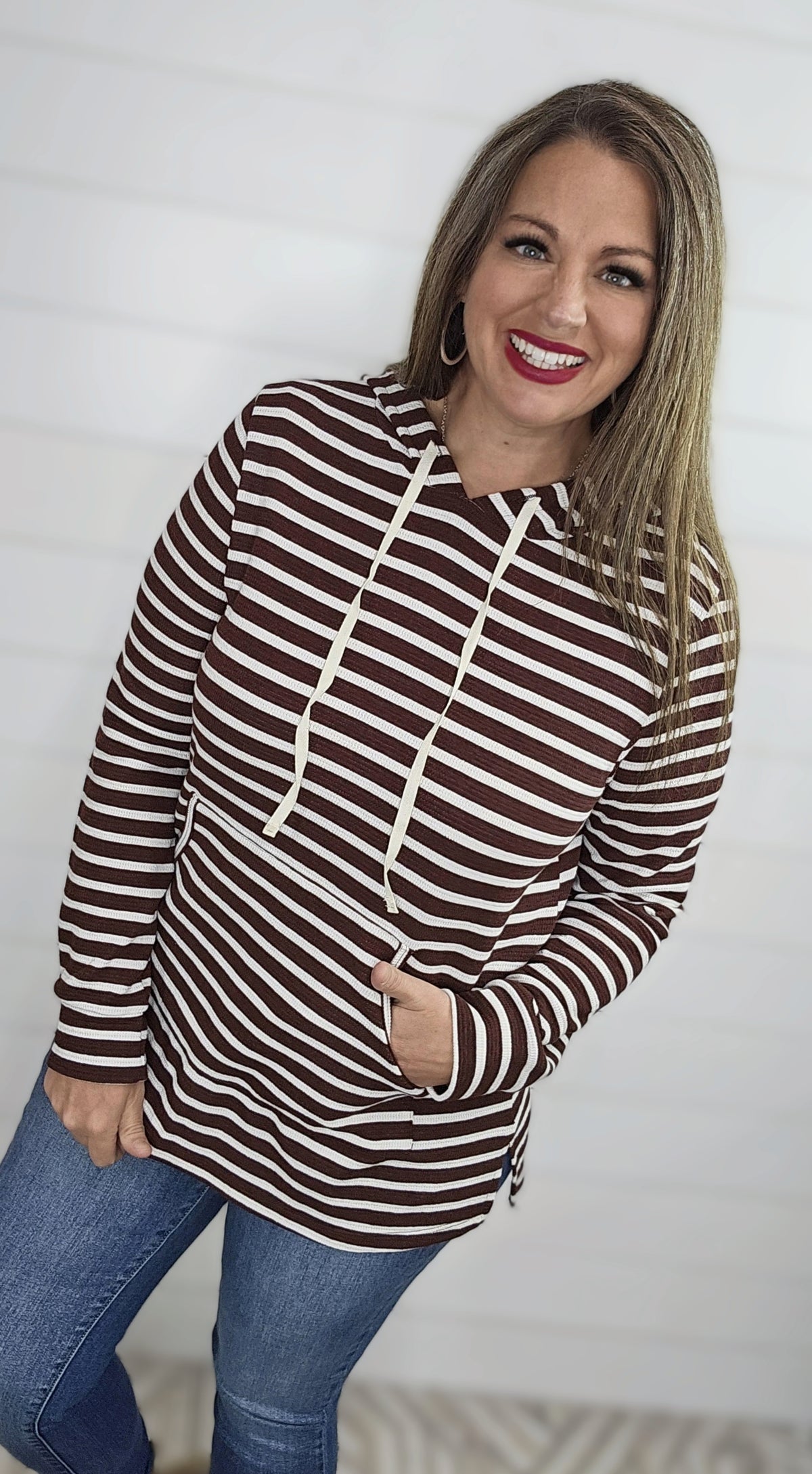 BROWN STRIPED KNIT HOODIE W/  KANGAROO POCKET