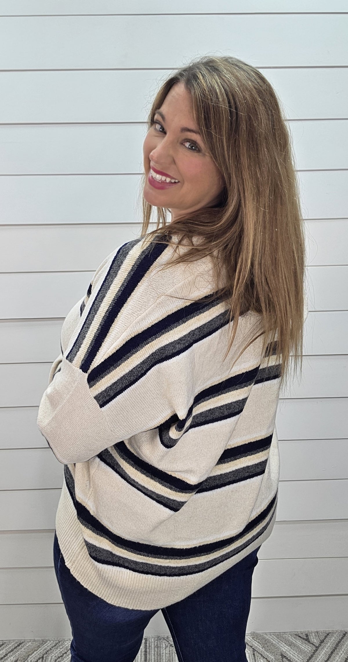 OATMEAL STRIPED V NECK KNIT SWEATER