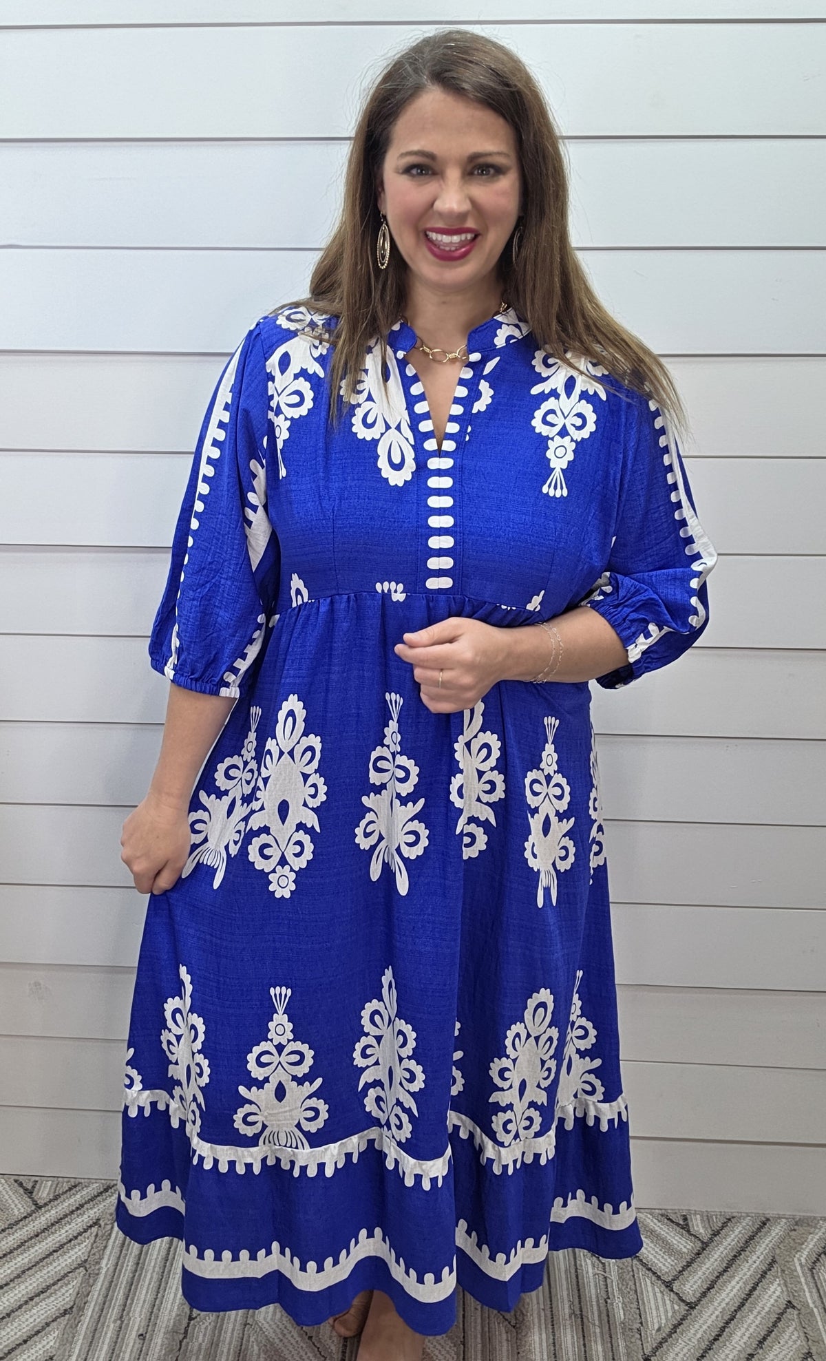 BLUE SCROLL PRINT LONG DRESS