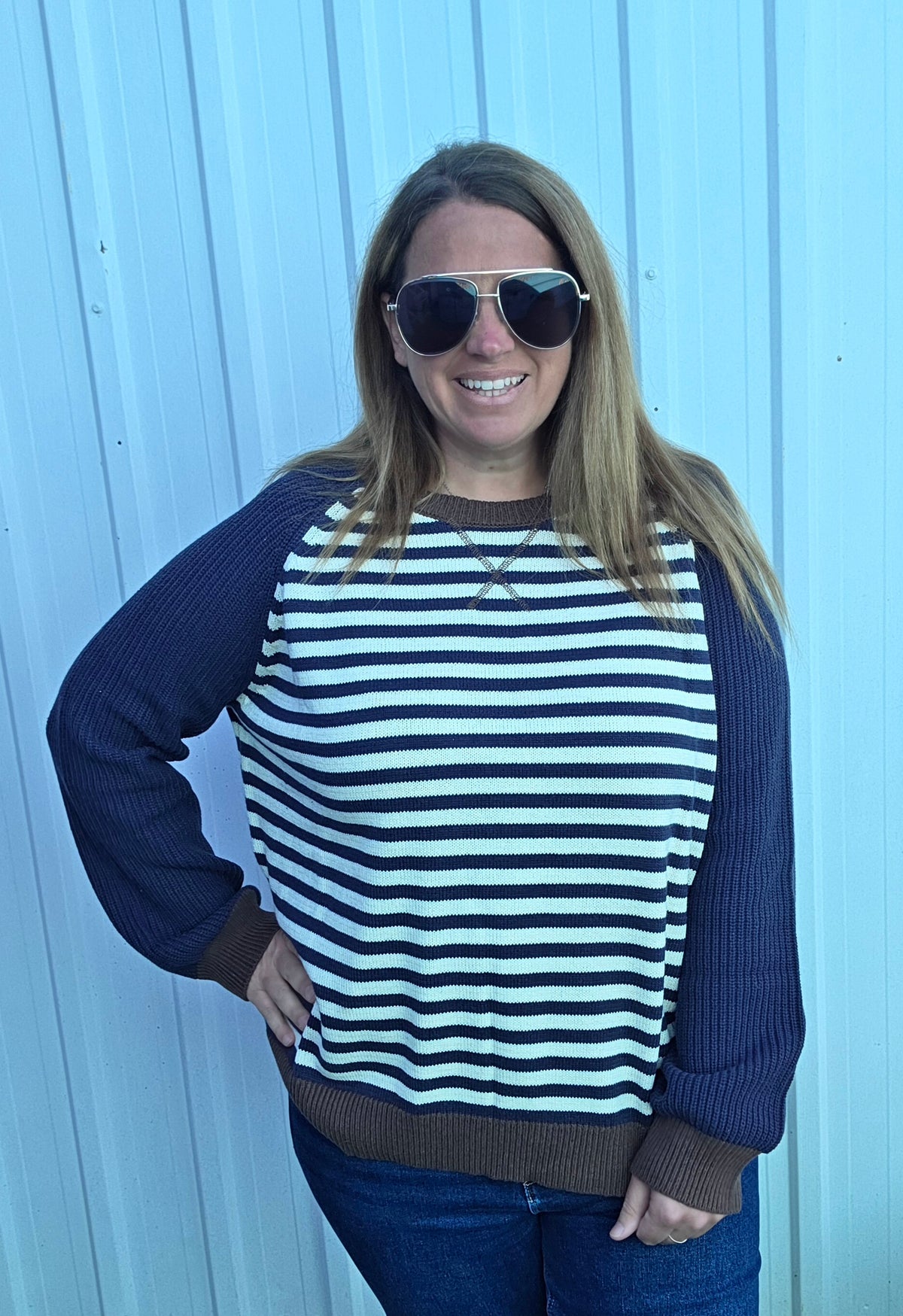 NAVY Striped Colorblock Raglan Long Sleeve Crew Sweater