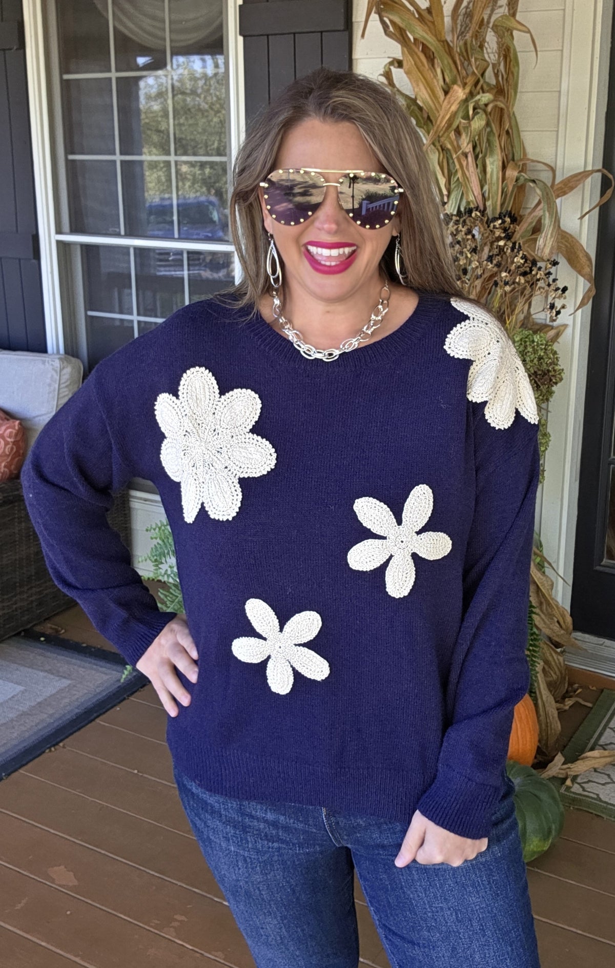 NAVY FLORAL EMBROIDERED KNIT SWEATER