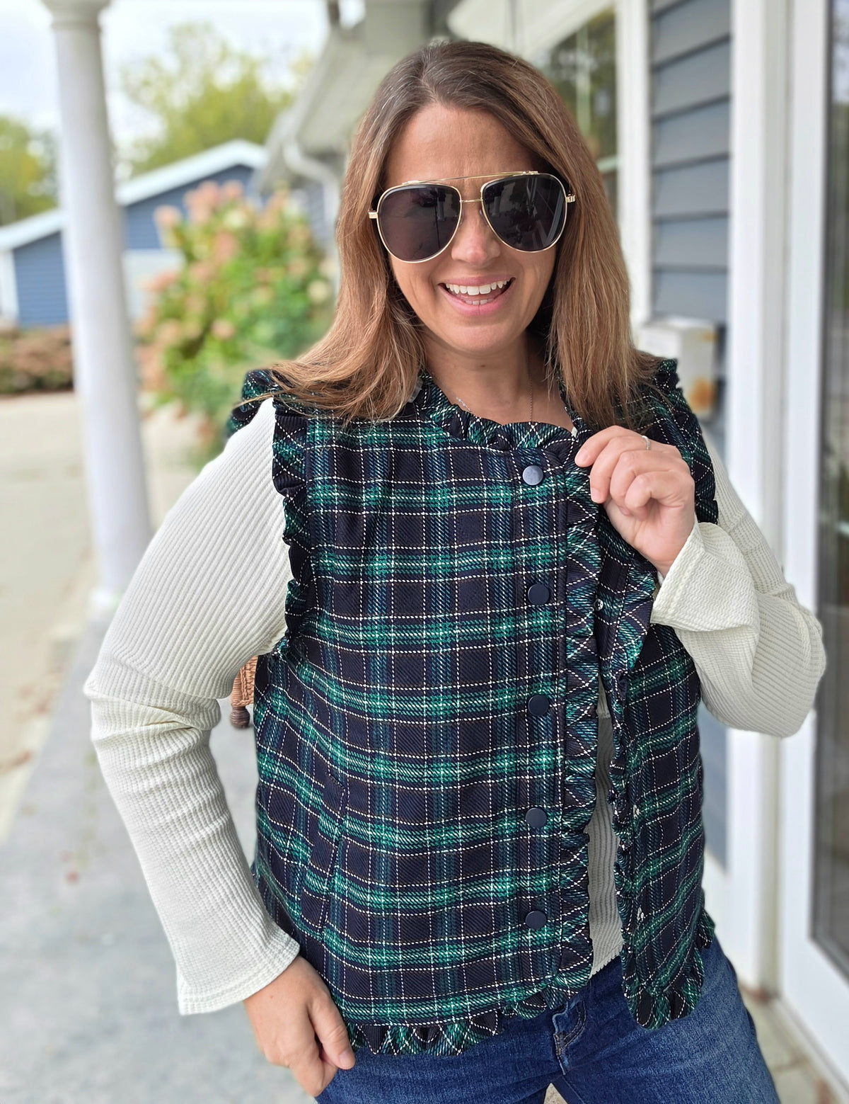 Navy/Green Plaid Quilted Vest With Frill Detail