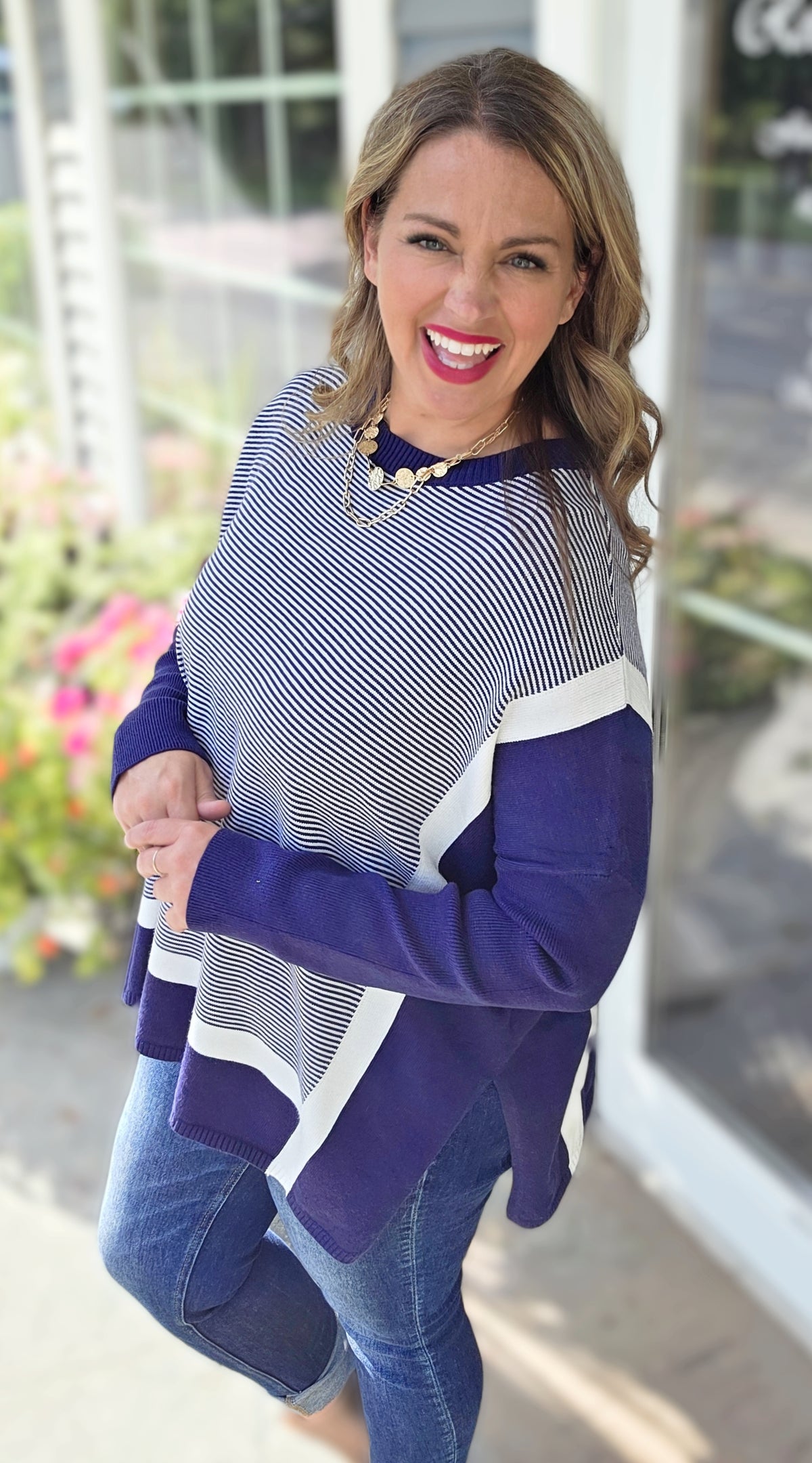 BLUE STRIPED/COLORBLOCK DOLMAN TUNIC SWEATER