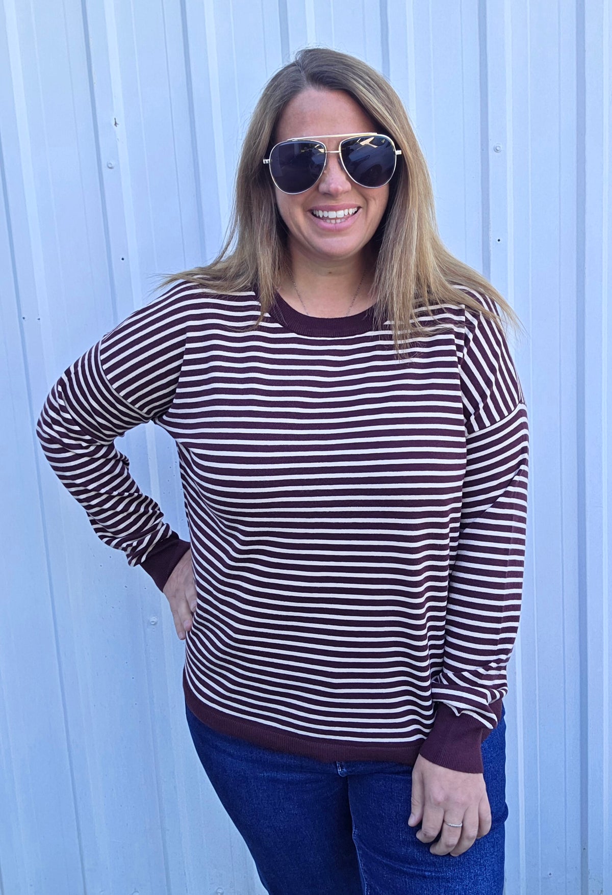 DARK PLUM Crew Neck Long Sleeve LIGHT WEIGHT Loose Fit Striped Pullover Sweater