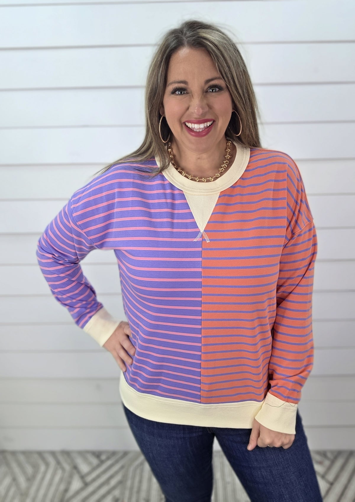LAVENDER/CORAL STRIPED CONTRAST FRENCH TERRY PULLOVER
