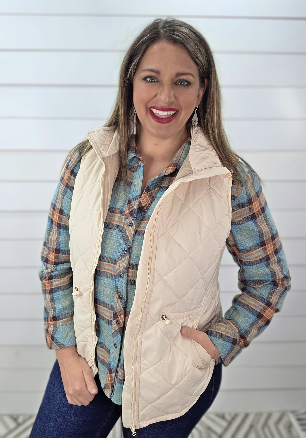 KAREN HART CREAM QUILTED CINCH ZIPPER VEST