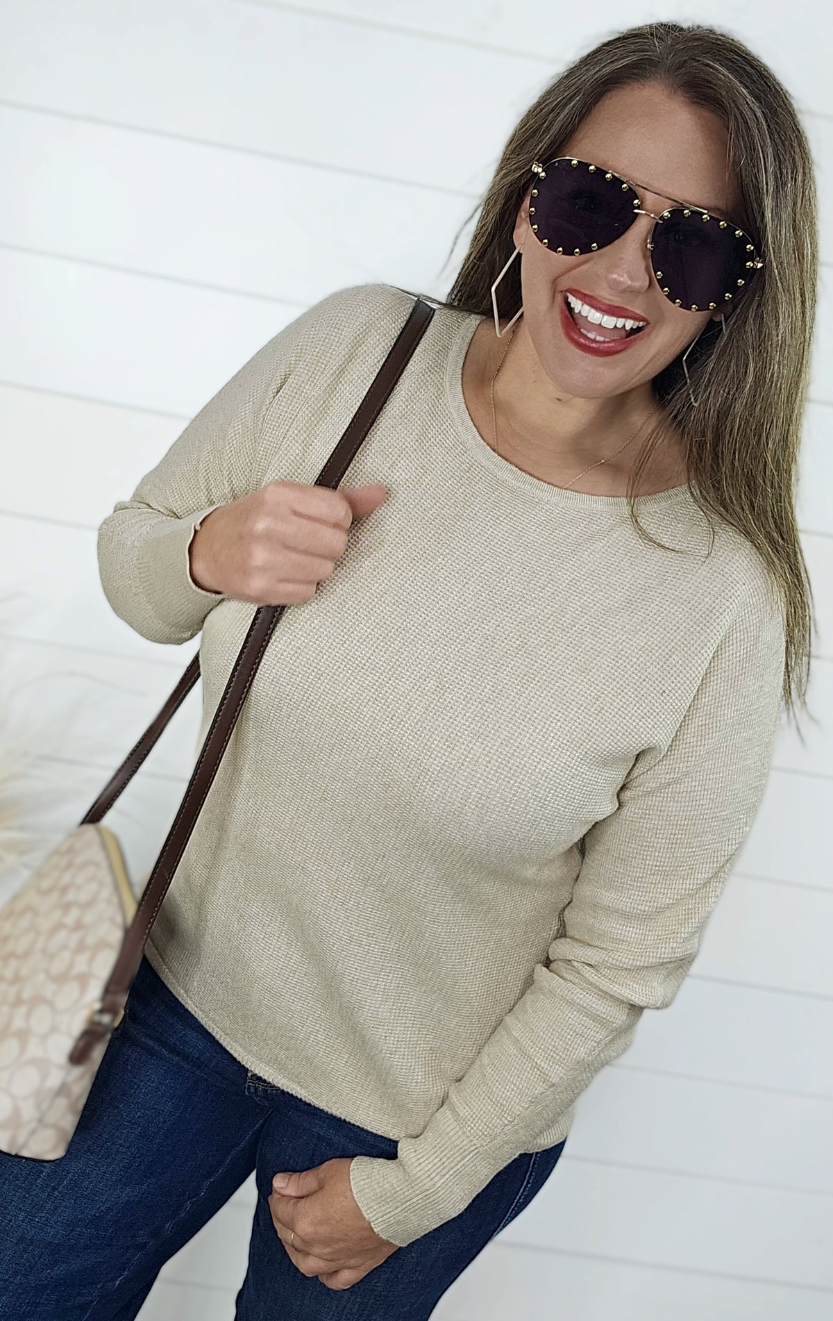 OATMEAL WAFFLE TEXTURE SWEATER W/ RIBBED TRIM