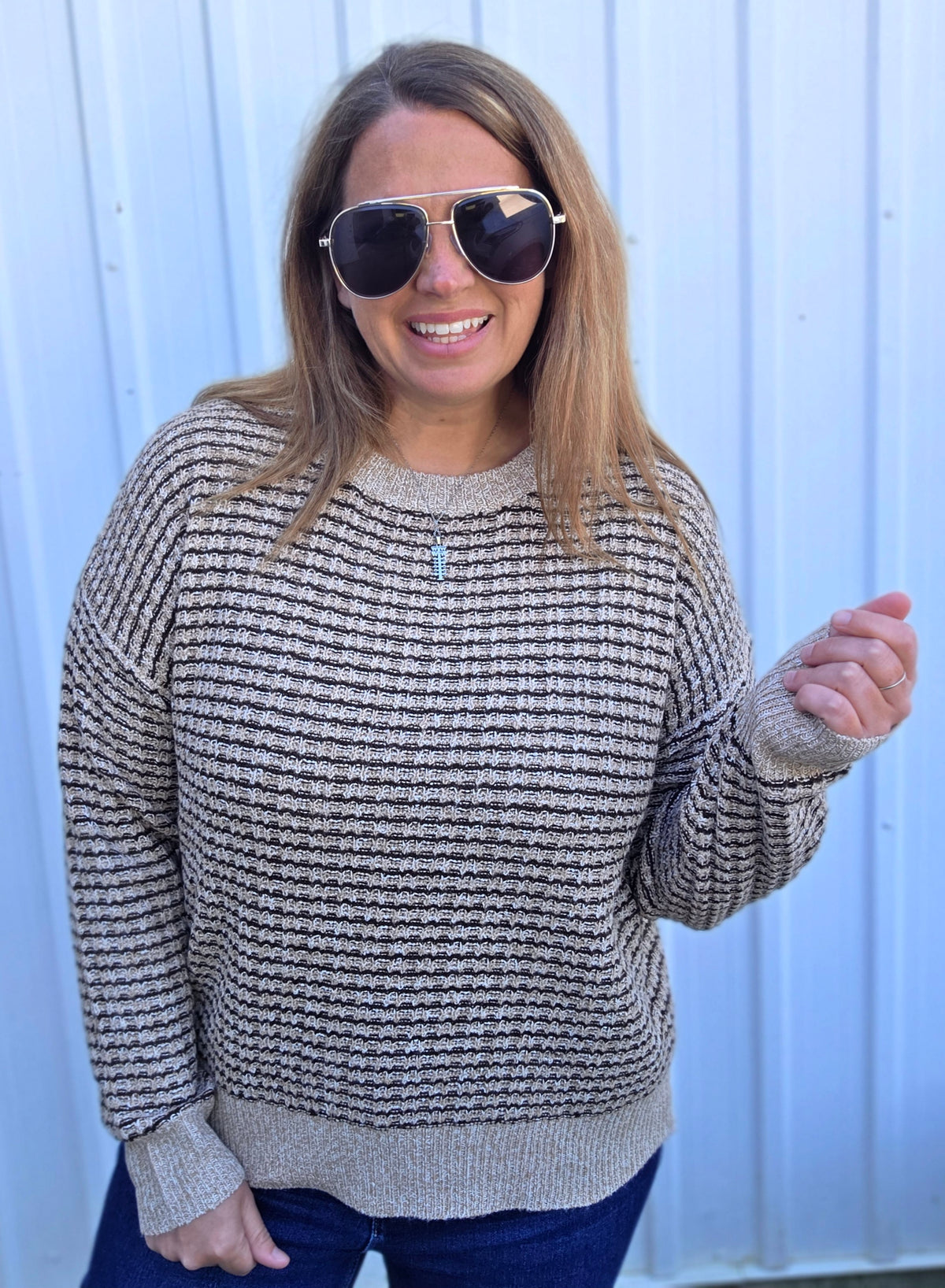 Taupe/Brown Texture Striped Crew Neck Long Sleeve Pullover Sweater