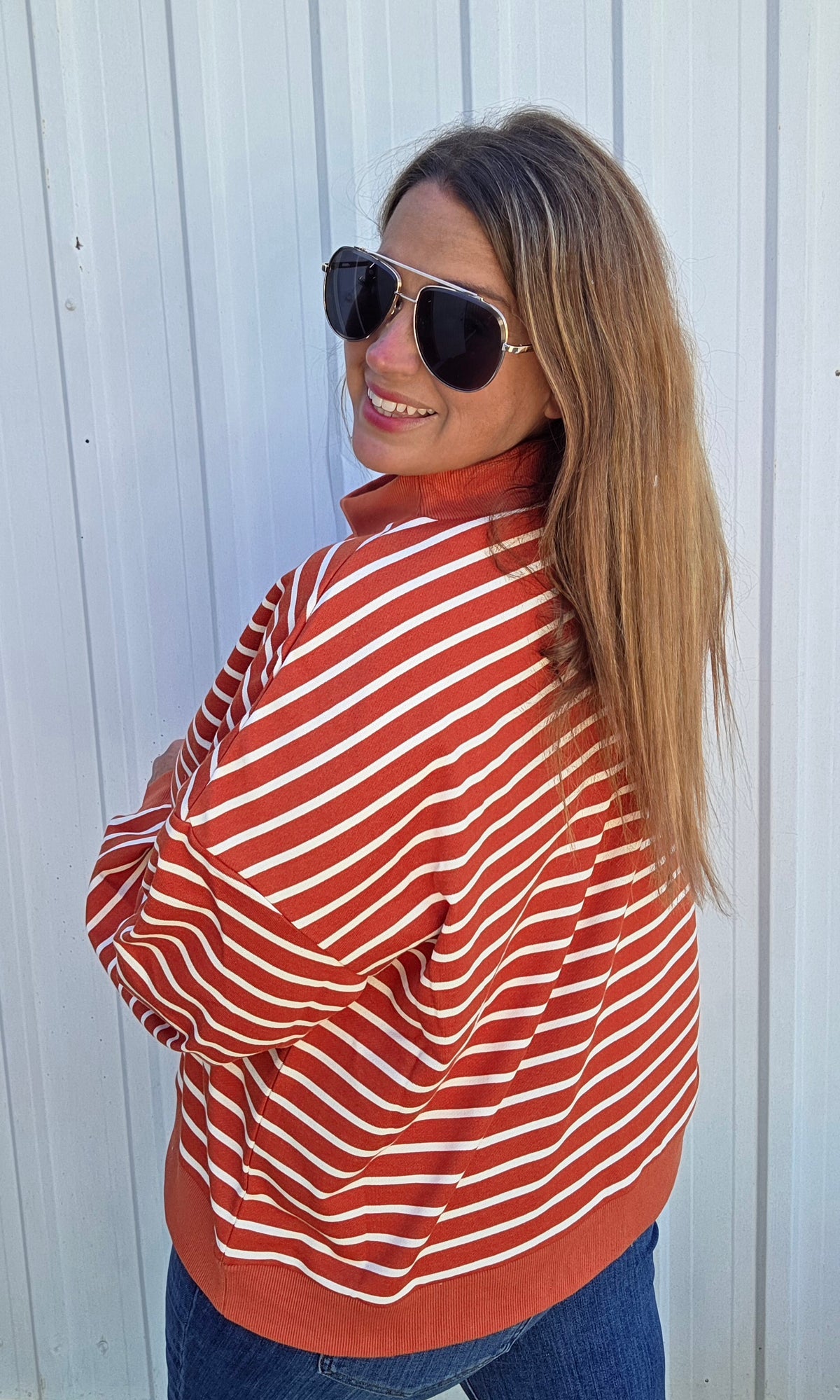 RUST PUMPKIN EMBROIDERED STRIPED With Ribbed Cuffs And Hemline Stripe