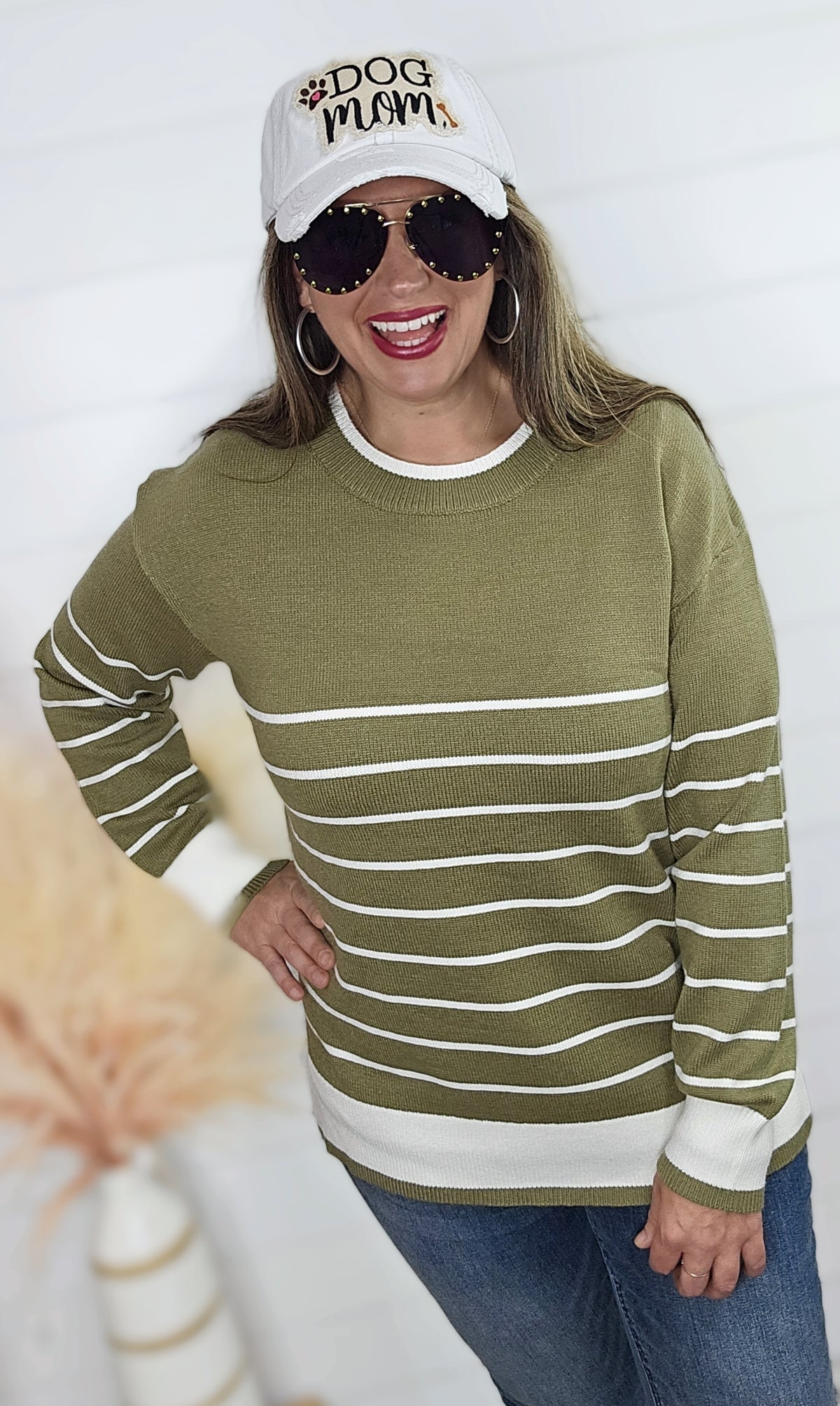 OLIVE/CREAM STRIPED CREW NECK SWEATER