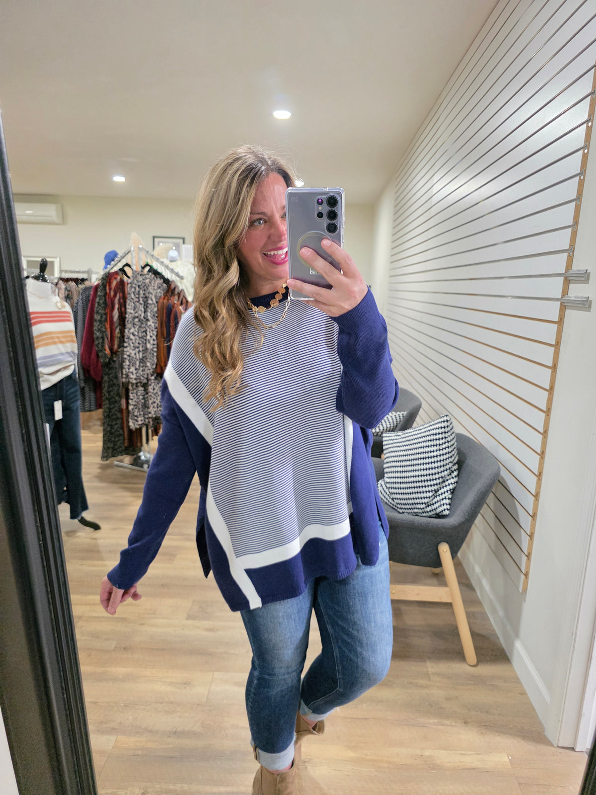 BLUE STRIPED/COLORBLOCK DOLMAN TUNIC SWEATER