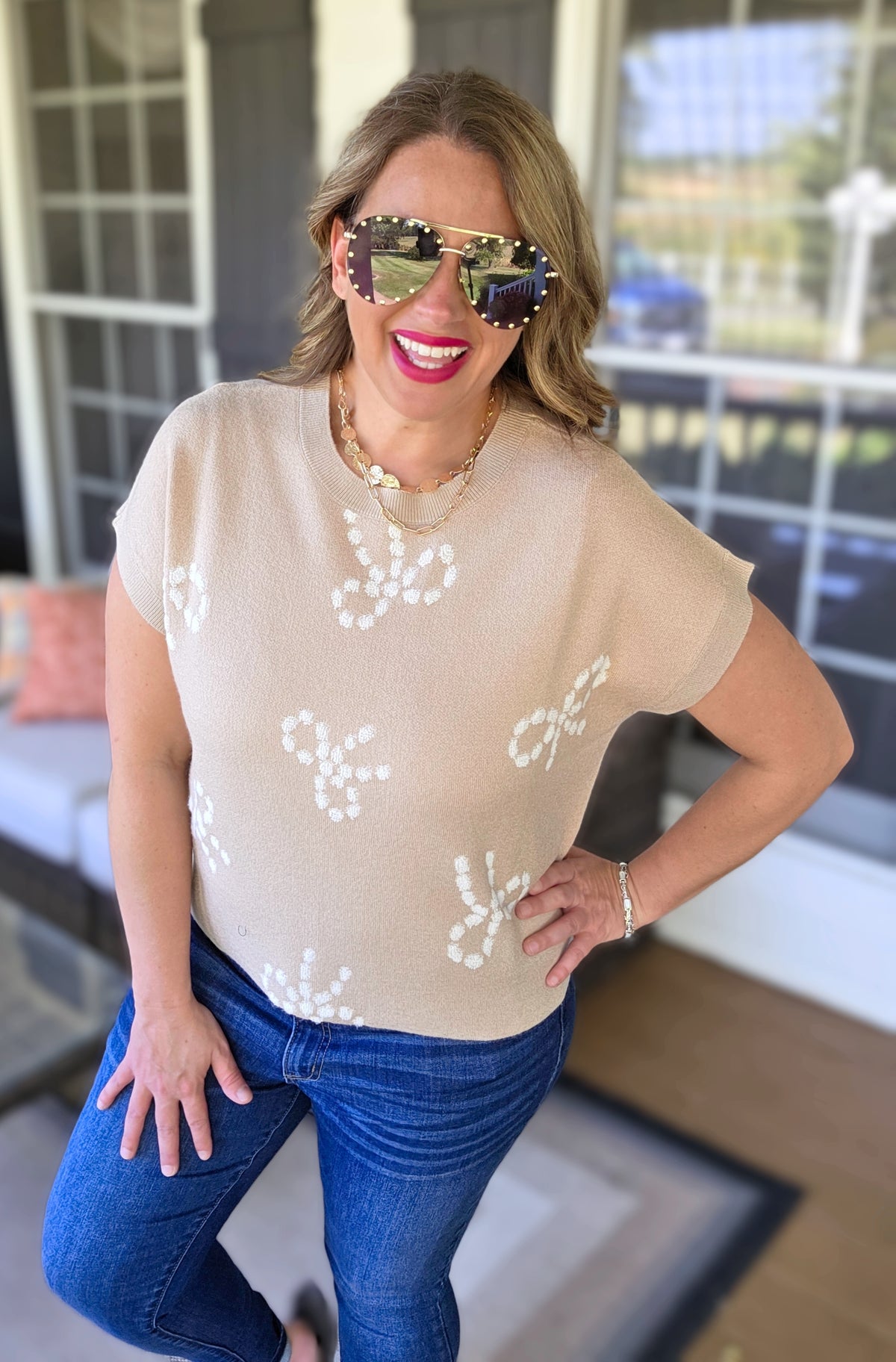 KHAKI BOW PRINT ULTRA SOFT SWEATER VEST