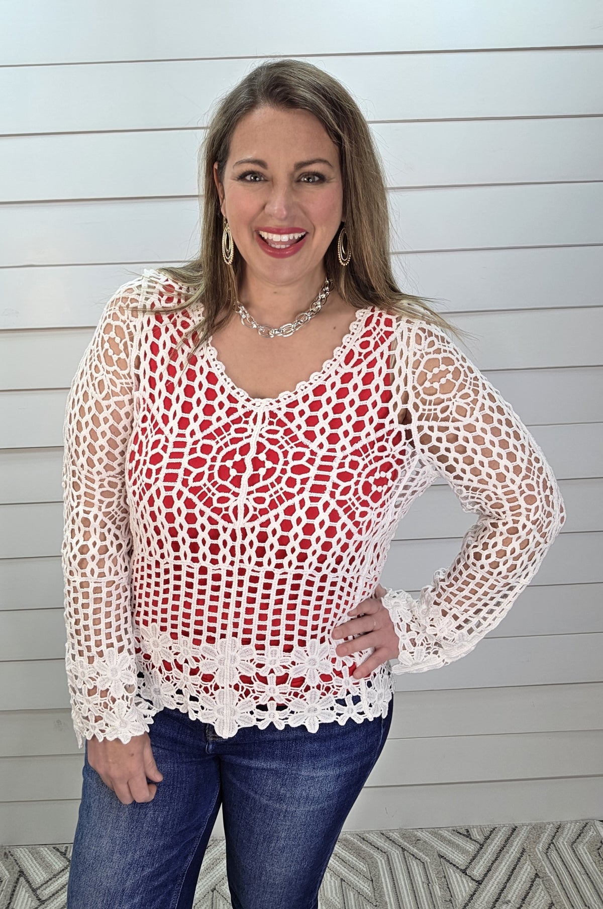 WHITE LONG SLEEVE CROCHET TOP