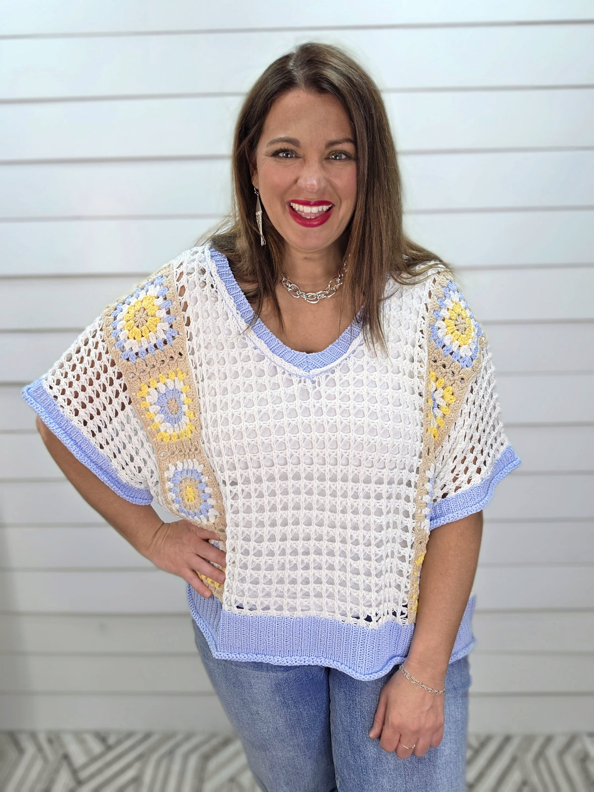 WHITE OPEN KNIT SWEATER WITH SKY BLUE TRIM & PATCHWORK