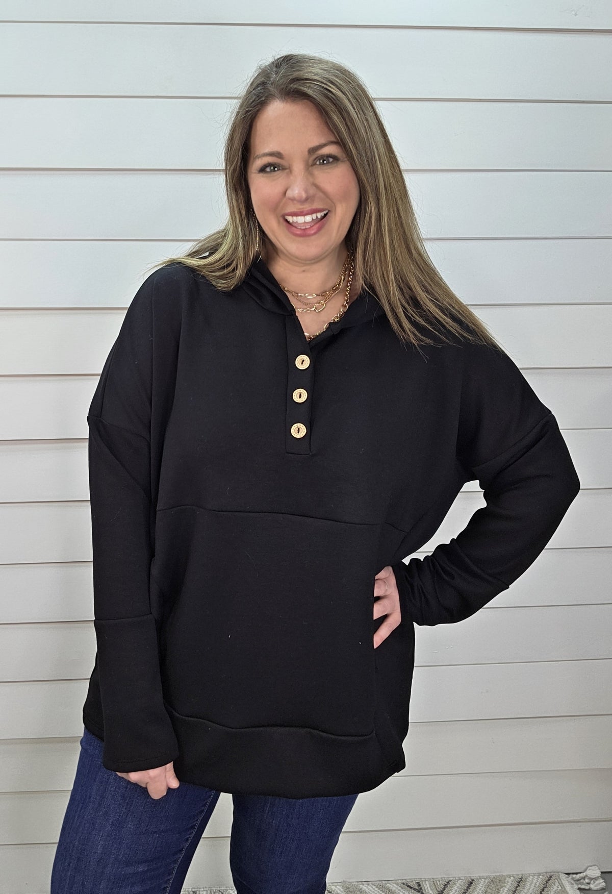 BLACK OVERSIZED SCUBA HOODED HENLEY TOP
