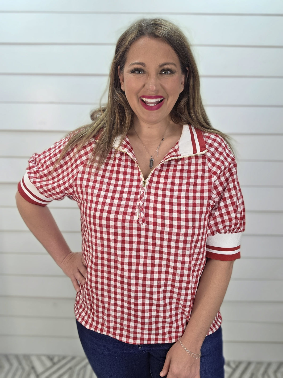 RED GIGHAM HALF ZIP WOVENT TOP