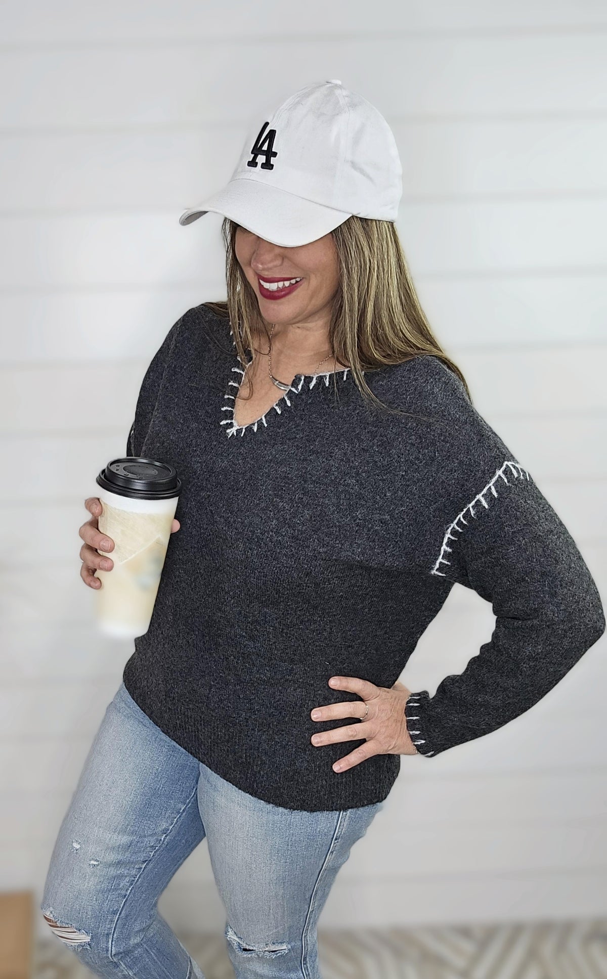 GUN METAL BLANKET STITCH NOTCHED NECKLINE PULLOVER SWEATER