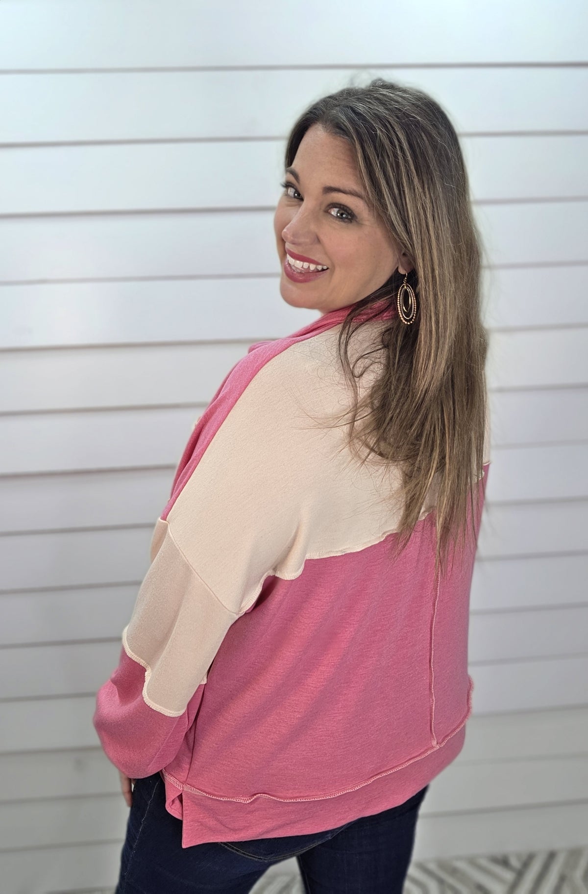 PINK COLORBLOCK LIGHT WEIGHT FRENCH TERRY TOP W/ RIC RAC TRIM