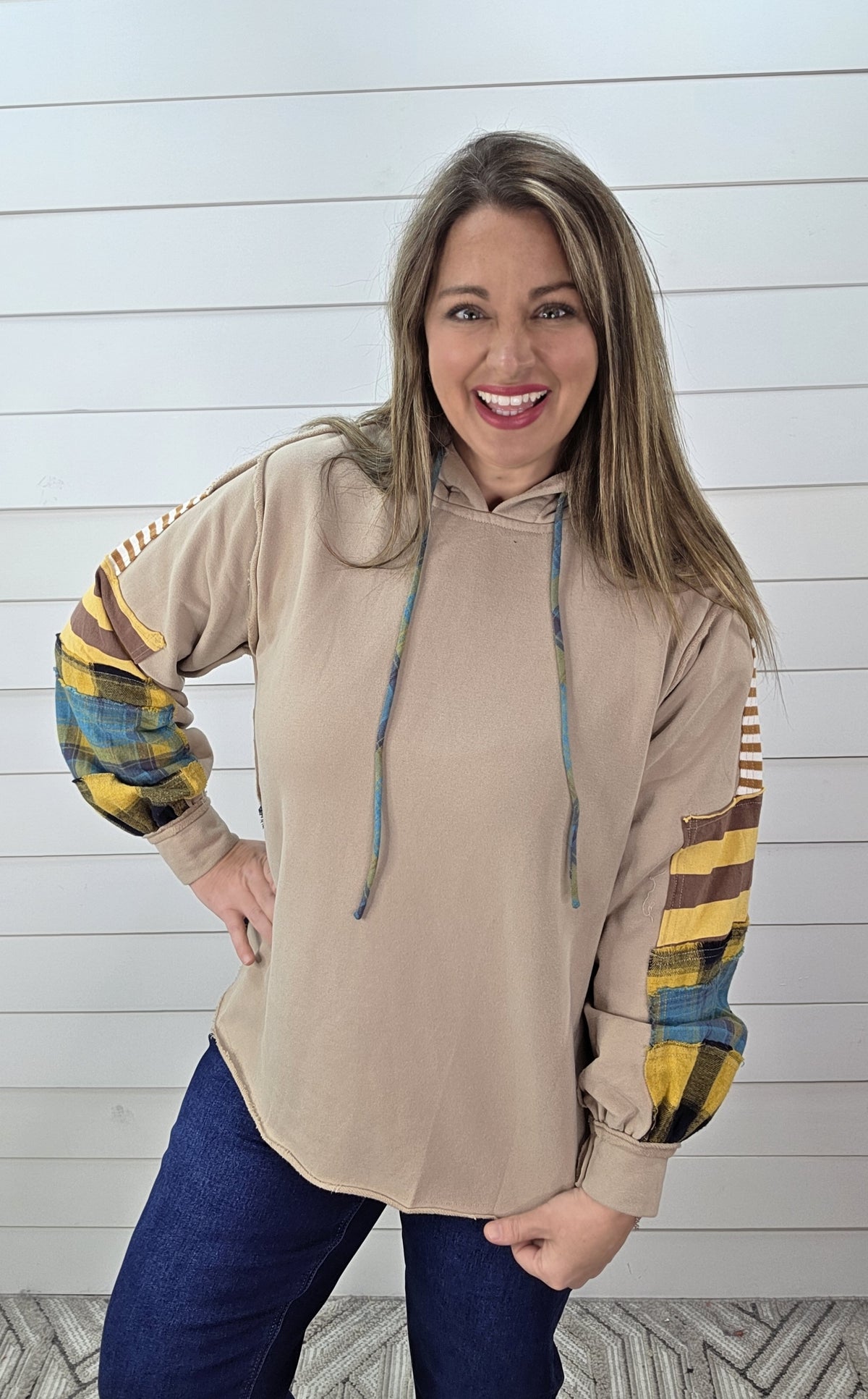 KHAKI FRENCH TERRY PLAID MIX CONTRAST OVERSIZED HOODIE