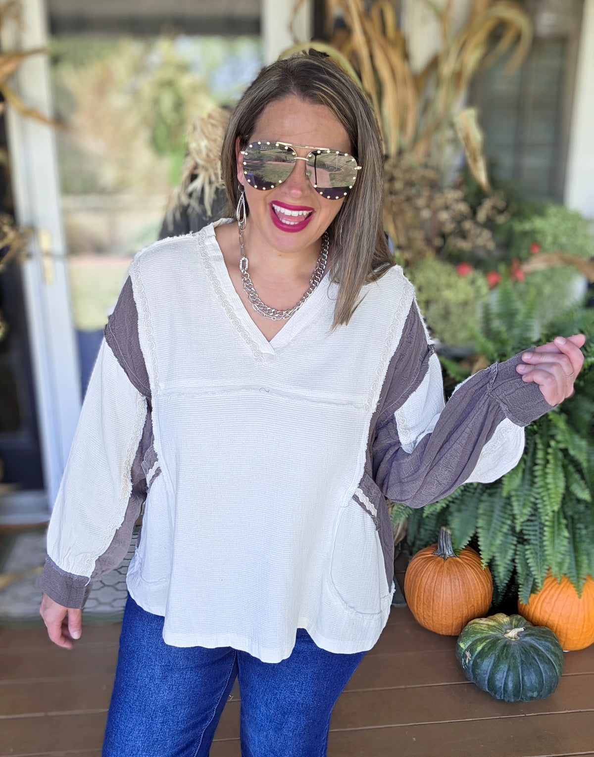 POL CREAM/BROWN DOUBLE POCKET LACE TRIM TOP