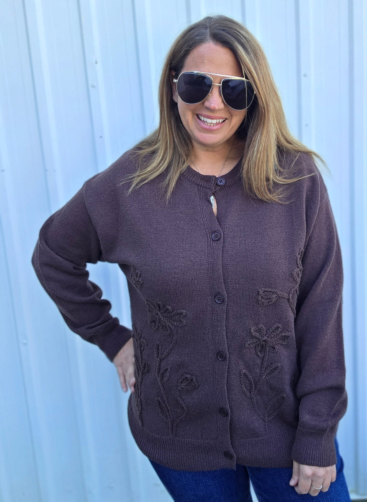 BROWN 3D FLORAL BUTTON DOWN CARDIGAN