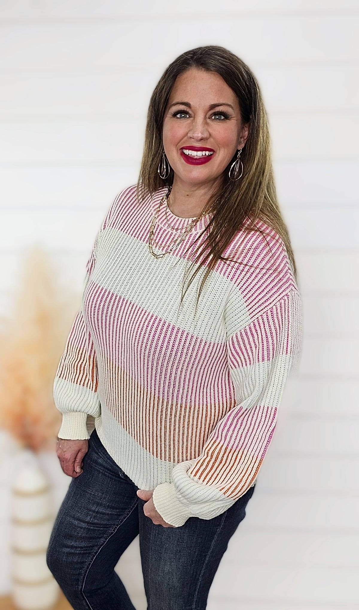 PINK COLORBLOCK TEXTURED KNIT SWEATER