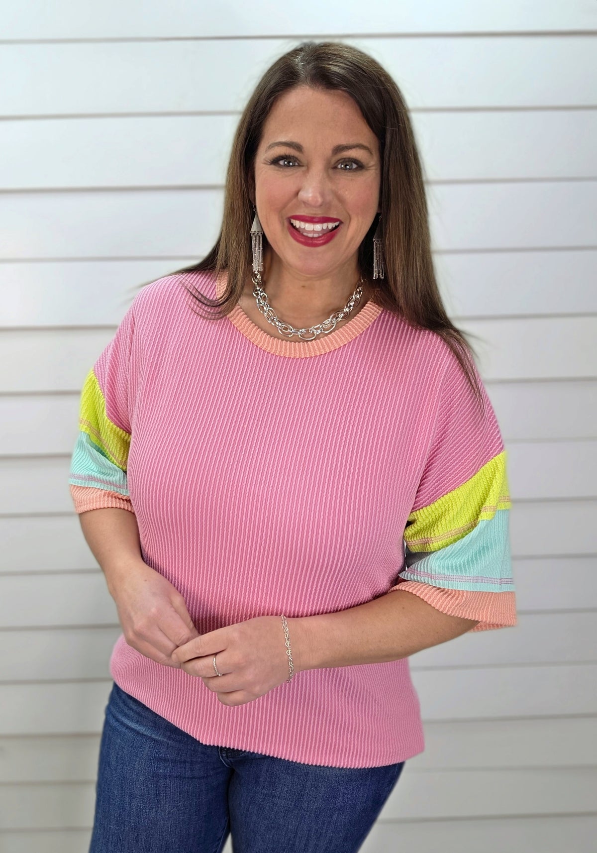 PINK RAISED RIBBED KNIT TOP W/ COLORBLOCK SLEEVES
