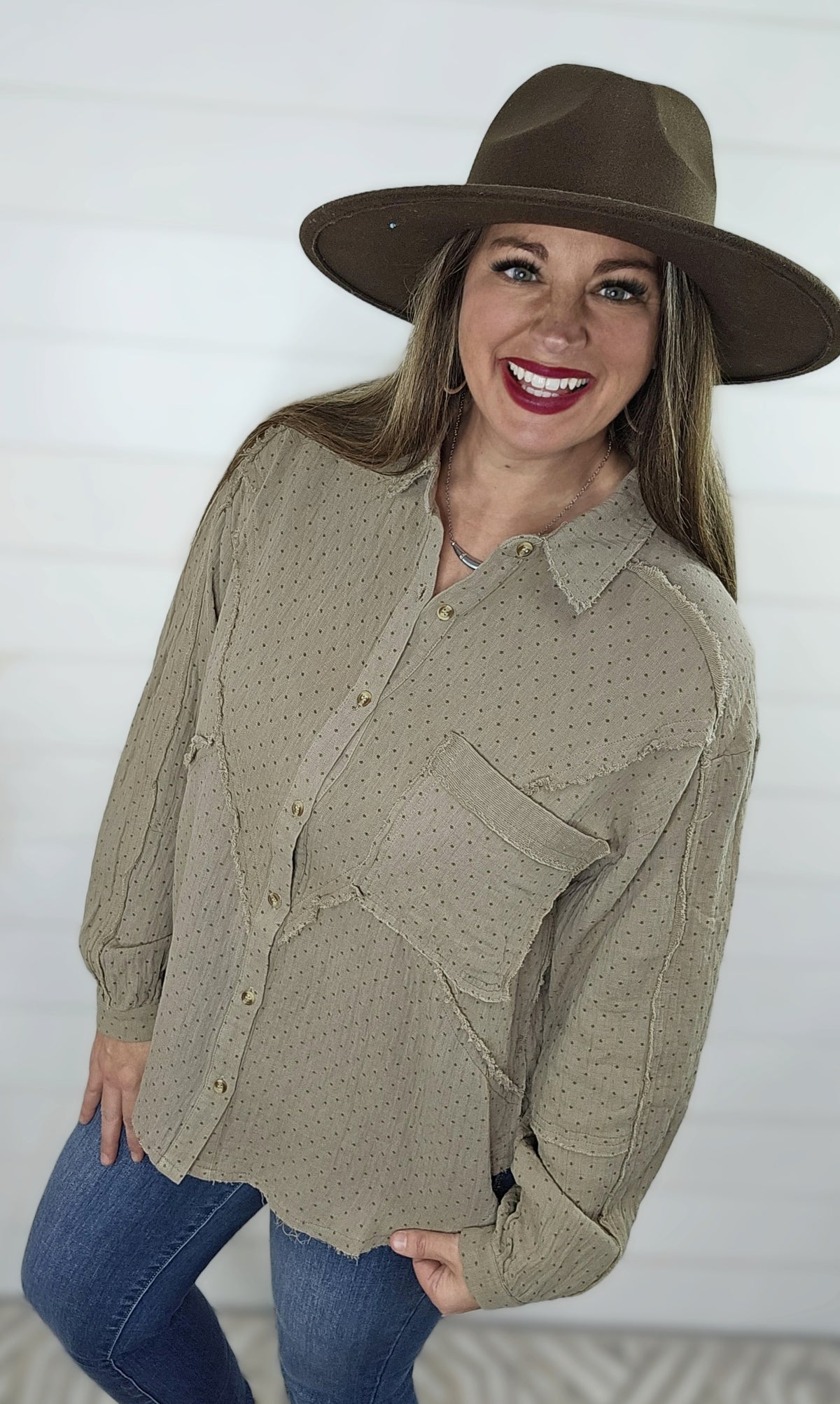 OLIVE GREY PRINTED COTTON GAIZED OVERSIZED BUTTON DOWN