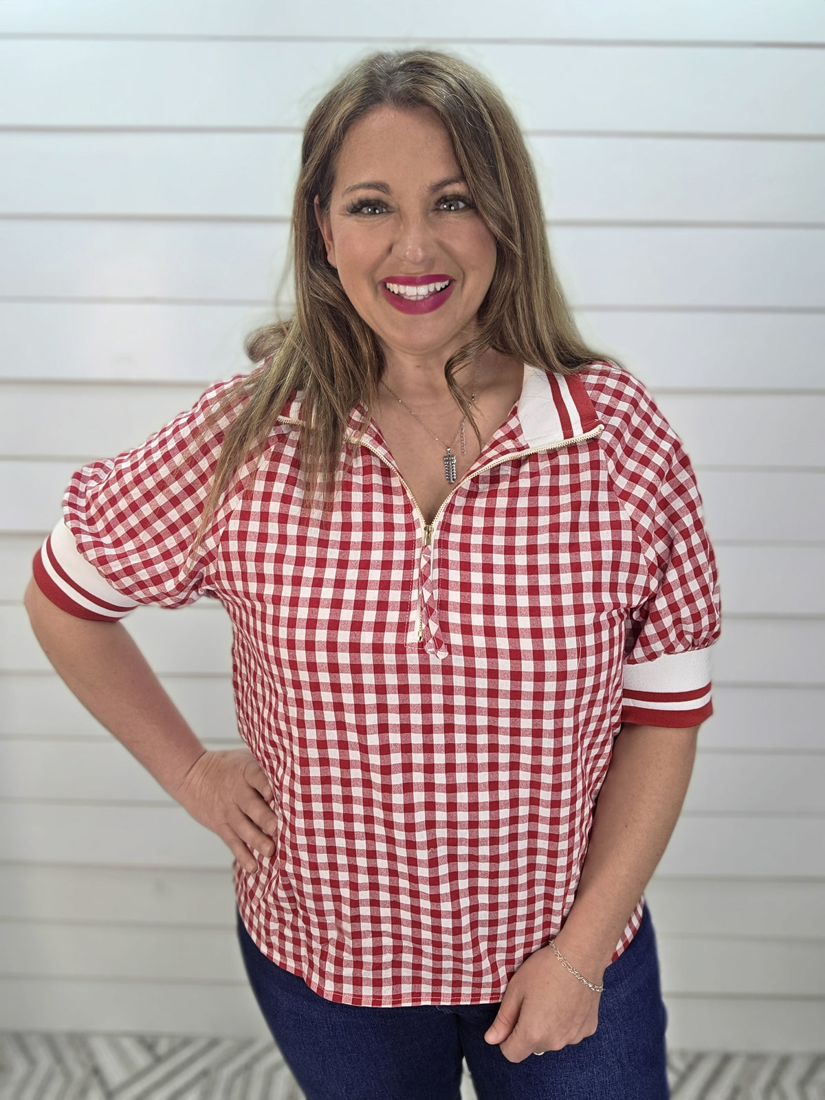 RED GIGHAM HALF ZIP WOVENT TOP