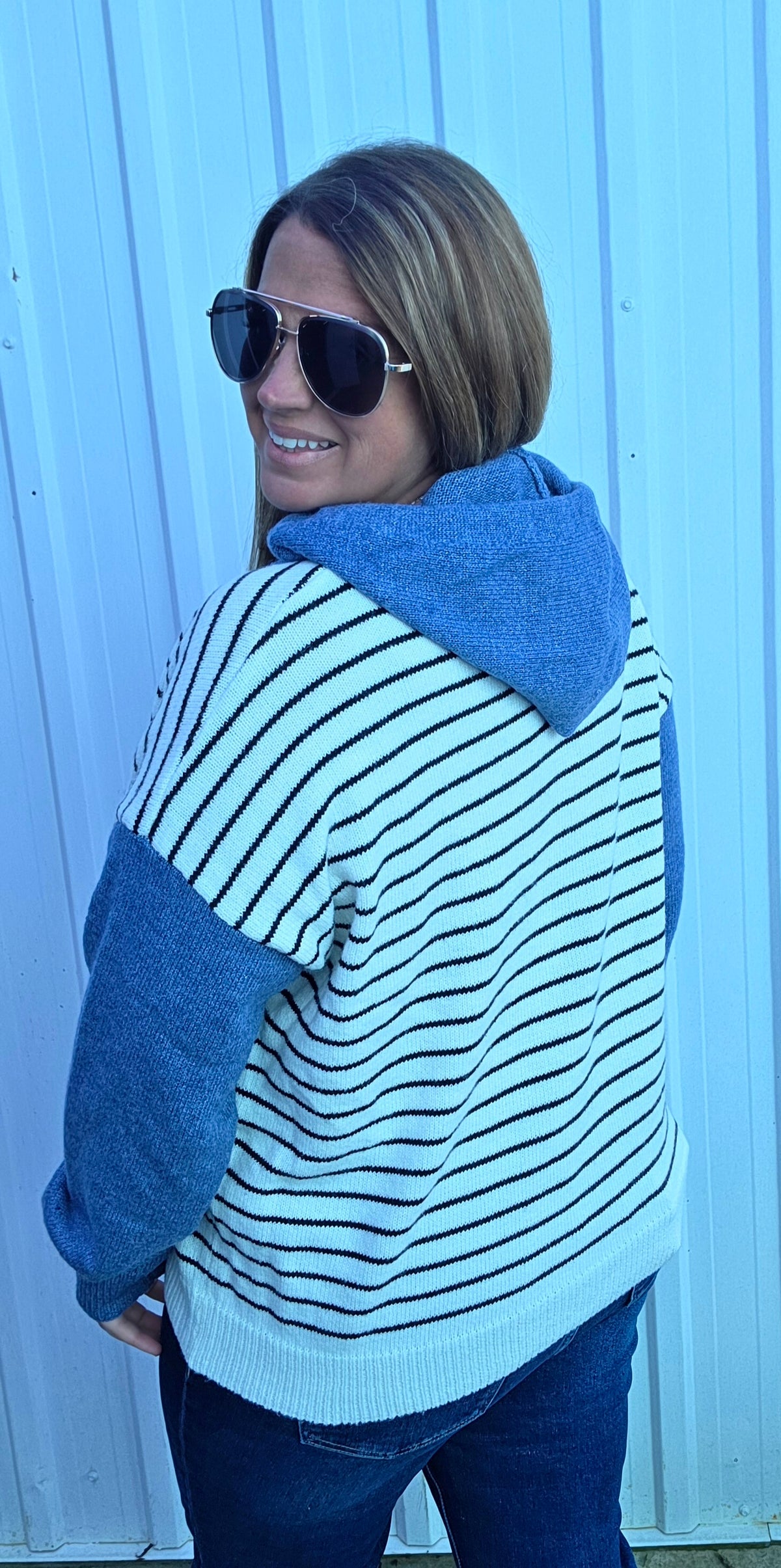 IVORY/DENIM Striped, Hoodie, Button Down Jacket Cardigan Sweater