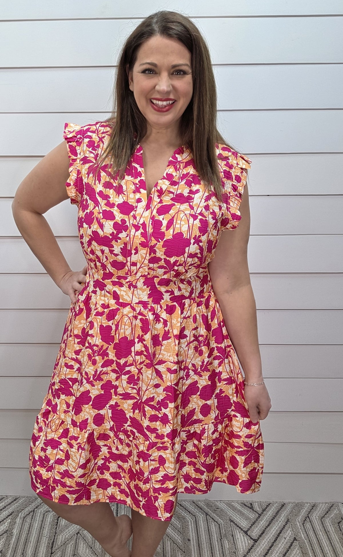 FUCHSIA/PEACH FLORAL ELASTIC SMOCKED WAIST DRESS