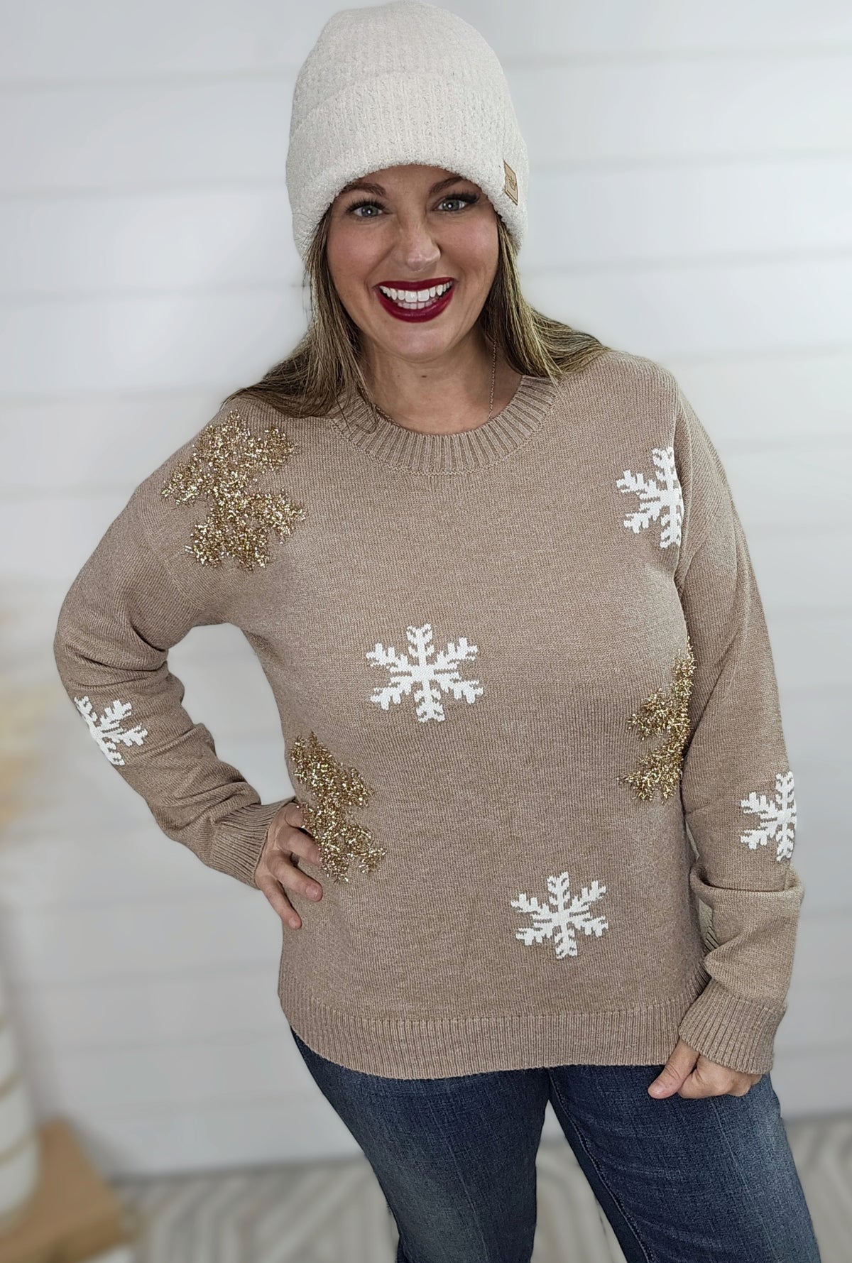 MOCHA METALLIC SNOWFLAKE SWEATER