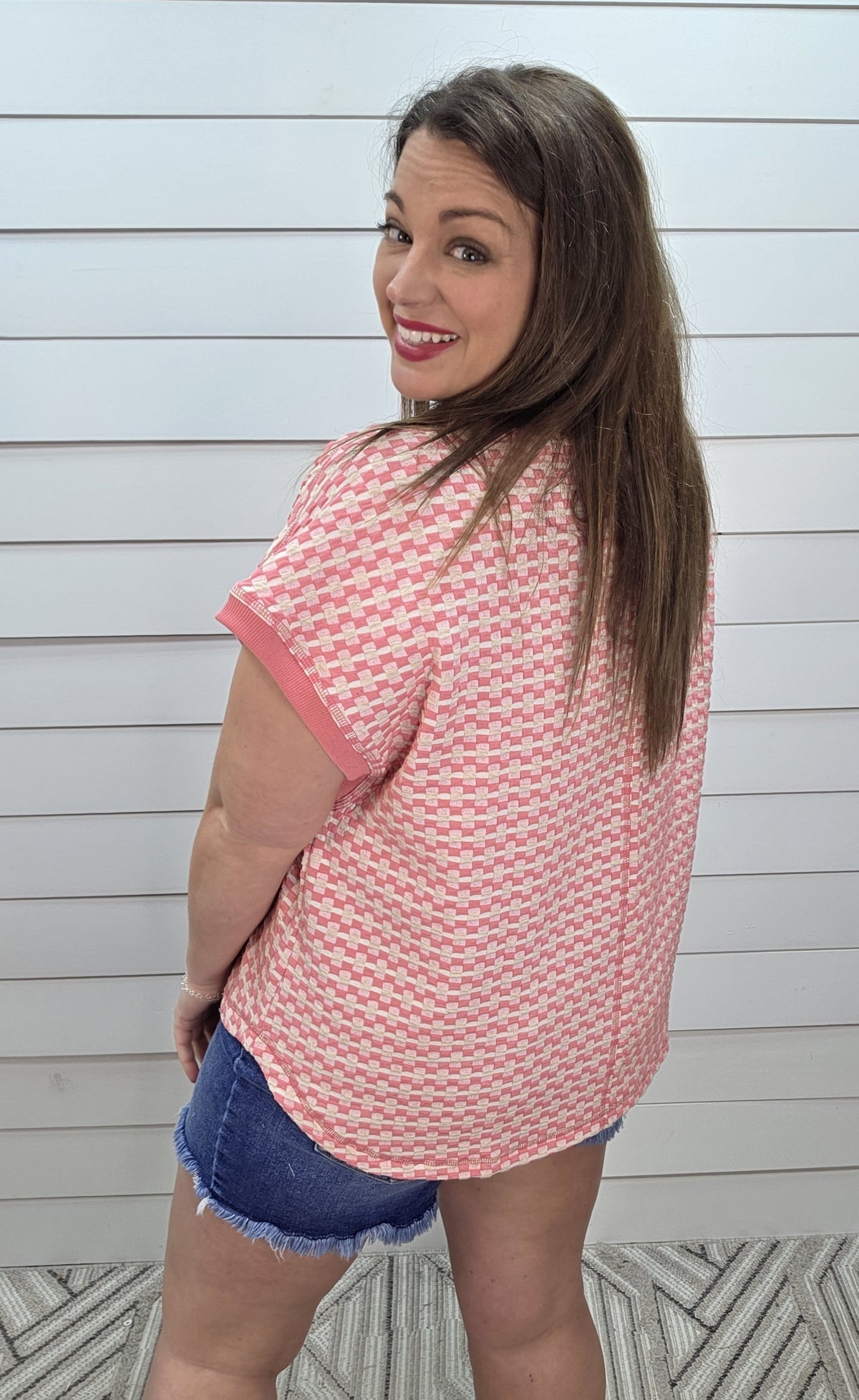 PINK/OATMEAL TEXTURED CHECK KNIT TOP