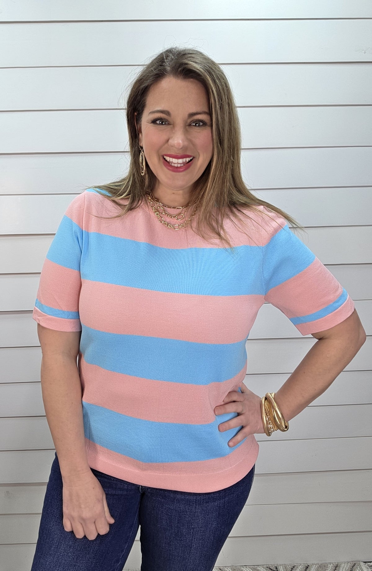PINK/BLUE STRIPED KNITTED SHORT SLEEVE TOP