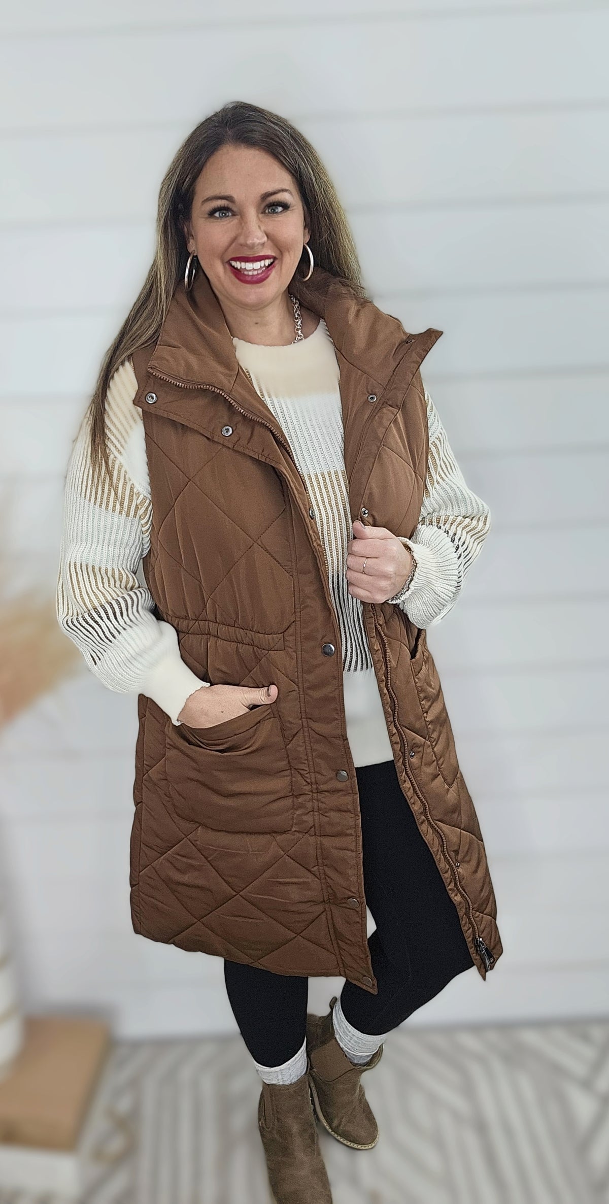 COFFEE QUILTED LONG PUFFER VEST